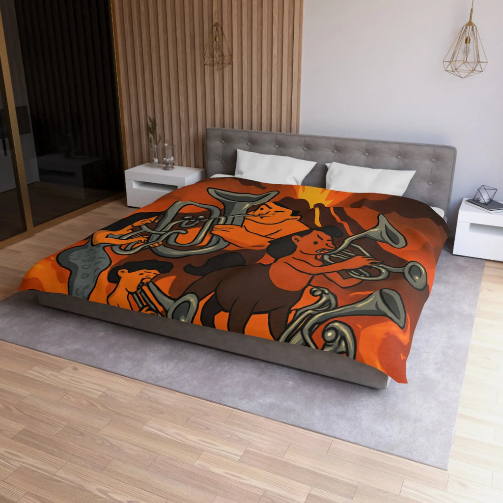 Housse de couette avec design mythique de musiciens sur fond volcanique flamboyant
