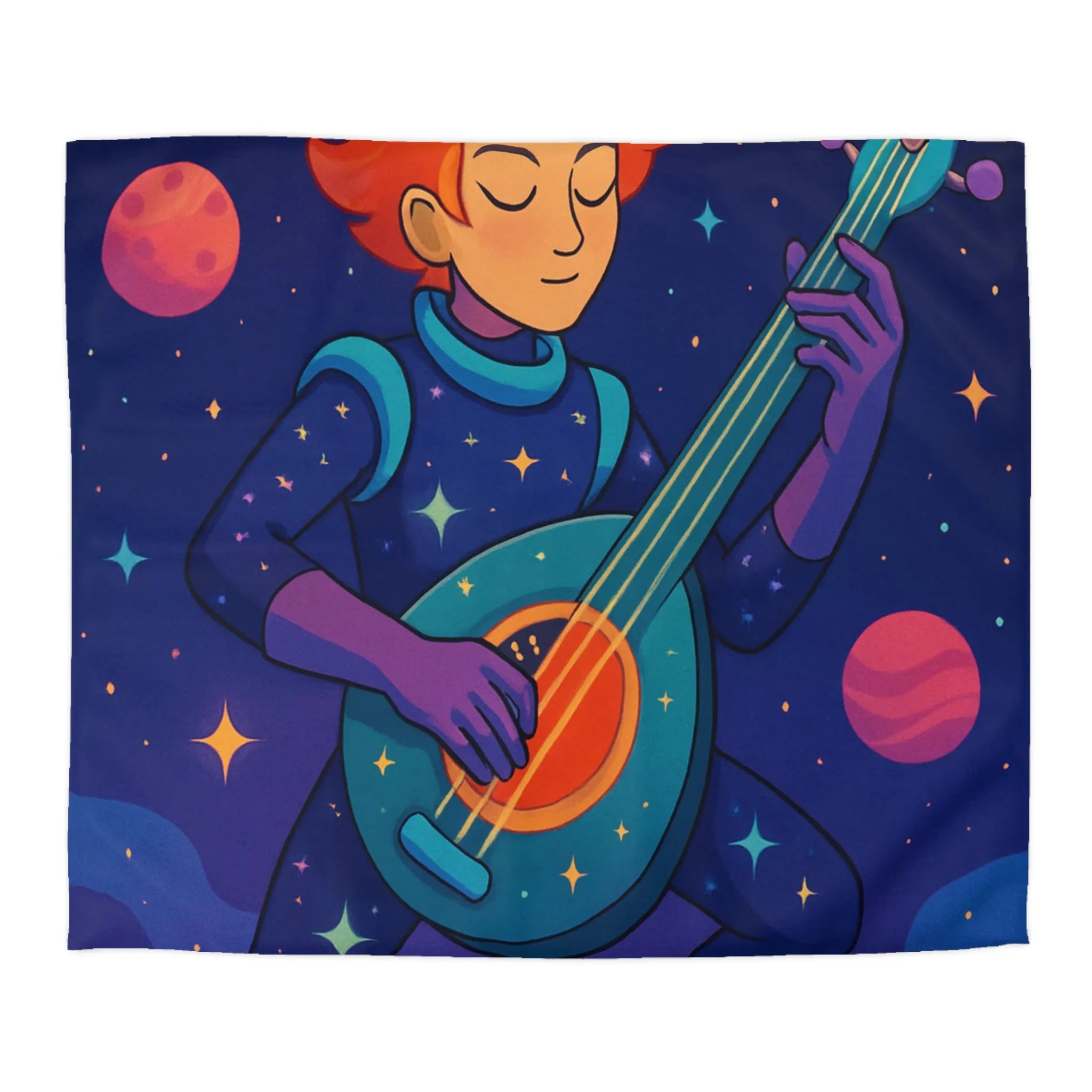 Housse de couette artistique espace avec musicien, planètes et comète colorée