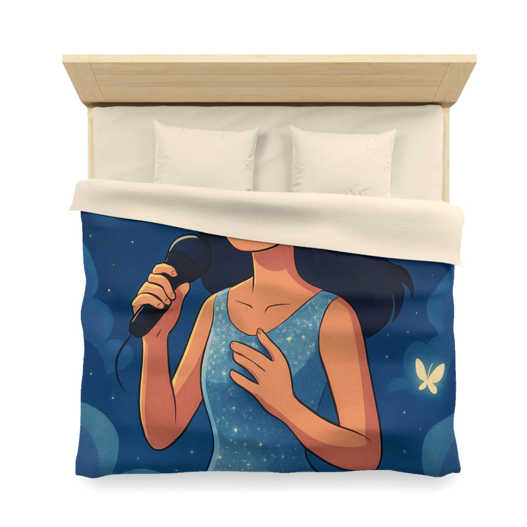 Housse de couette rêveuse avec chanteuse, papillons, lune et ciel étoilé bleu