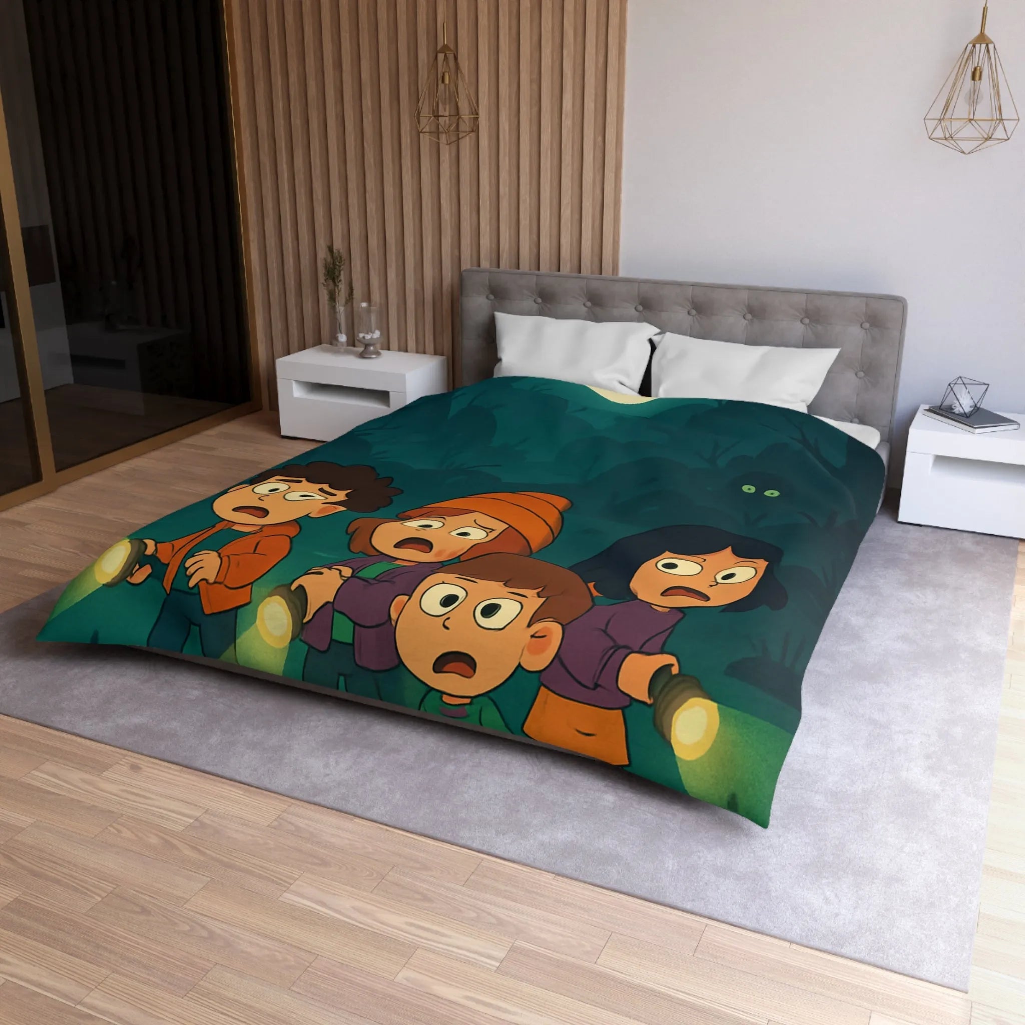 Housse de couette illustrée avec enfants explorant forêt mystérieuse par nuit de pleine lune