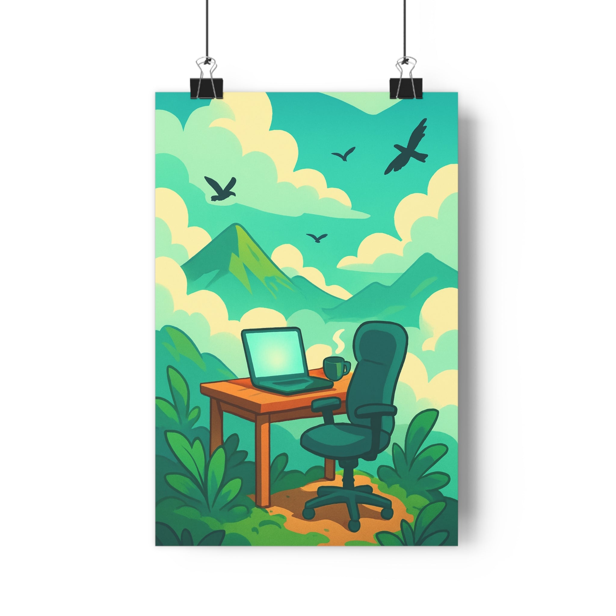 Poster décoratif dessin animé pastel nature bureau apaisant vert calme paysage montagne oiseaux qualité