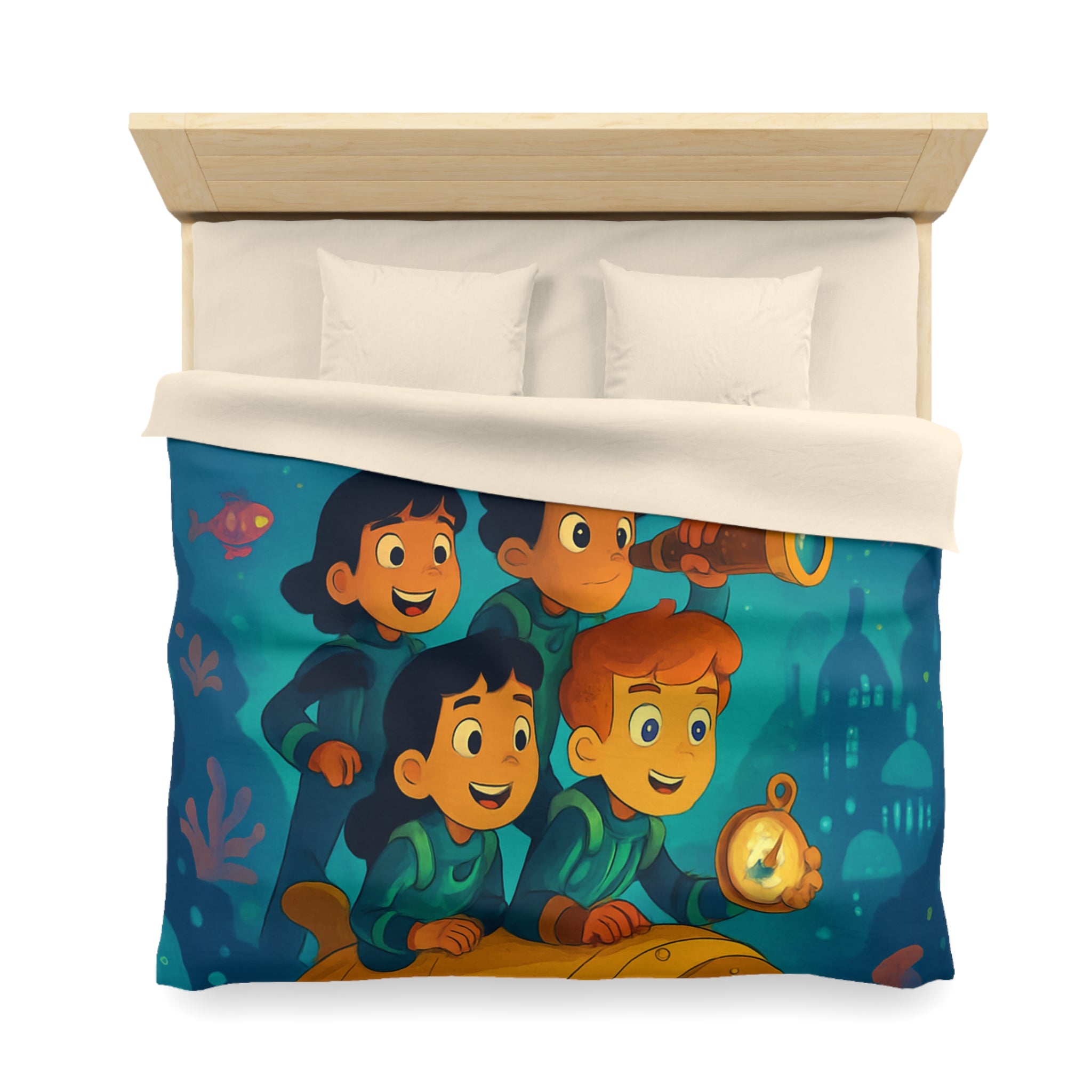 Housse de couette sous-marine avec enfants explorateurs et animaux marins joyeux