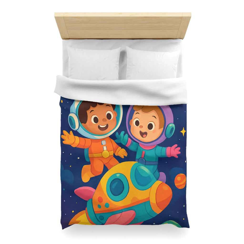 Couette Enfantine Cosmos : Enfants en Vaisseau Spatial avec Planètes et Étoiles Colorées