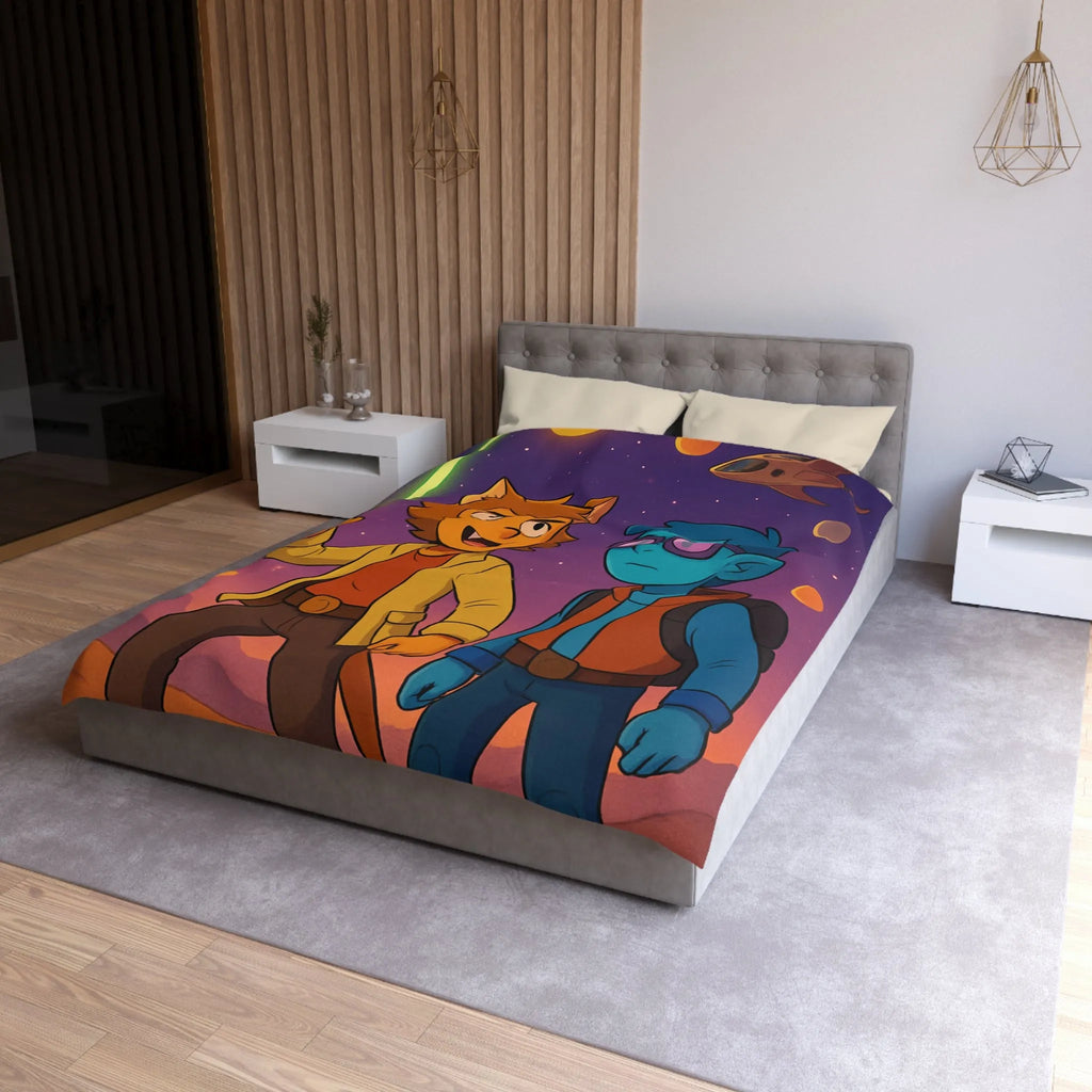 Housse de couette avec deux personnages dans l'espace, ambiance rétro futuriste colorée