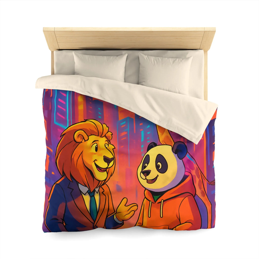 Housse de couette colorée avec lion et panda en costume urbain de ville futuriste