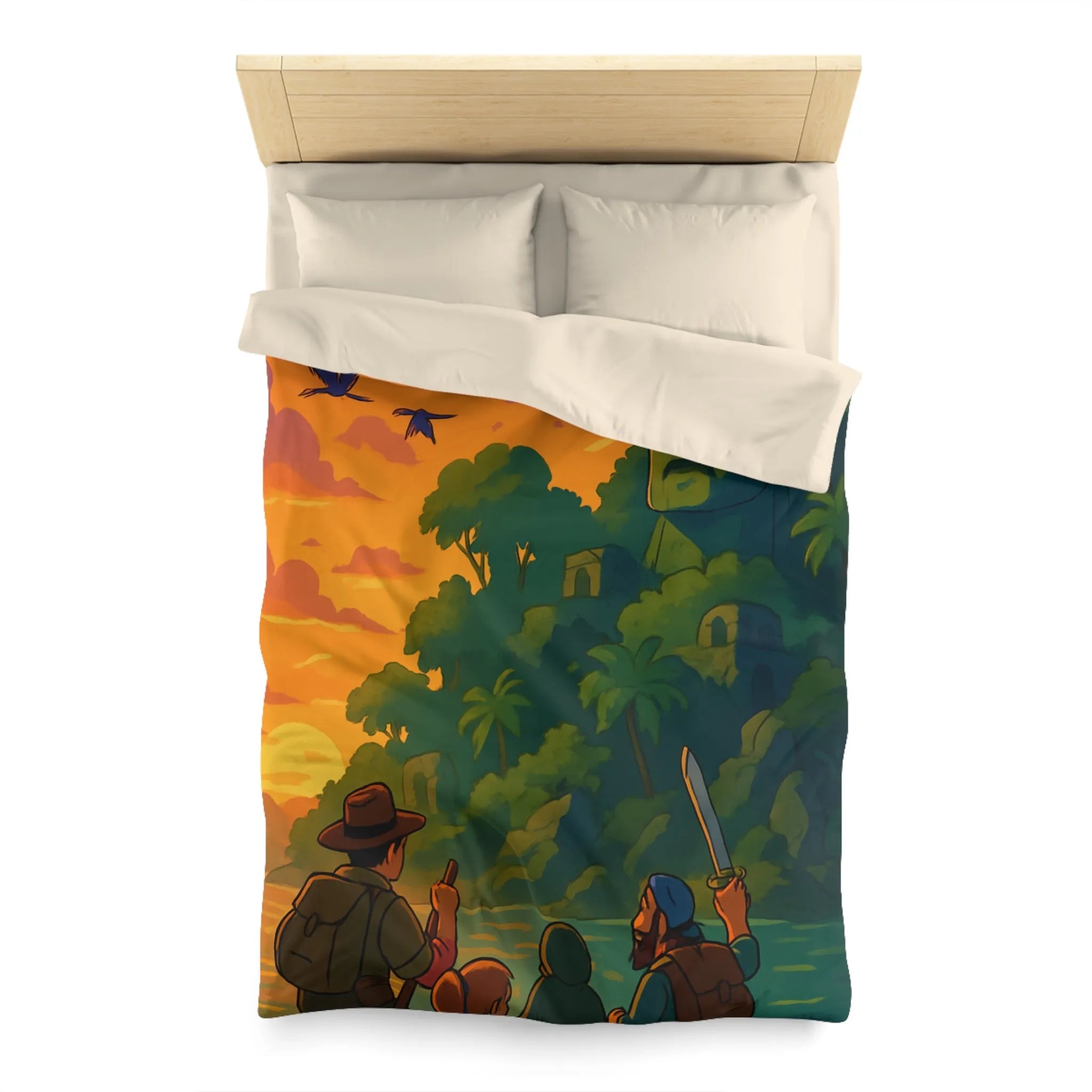 Housse de couette aventureuse avec scène tropicale au coucher du soleil et ruines mystérieuses