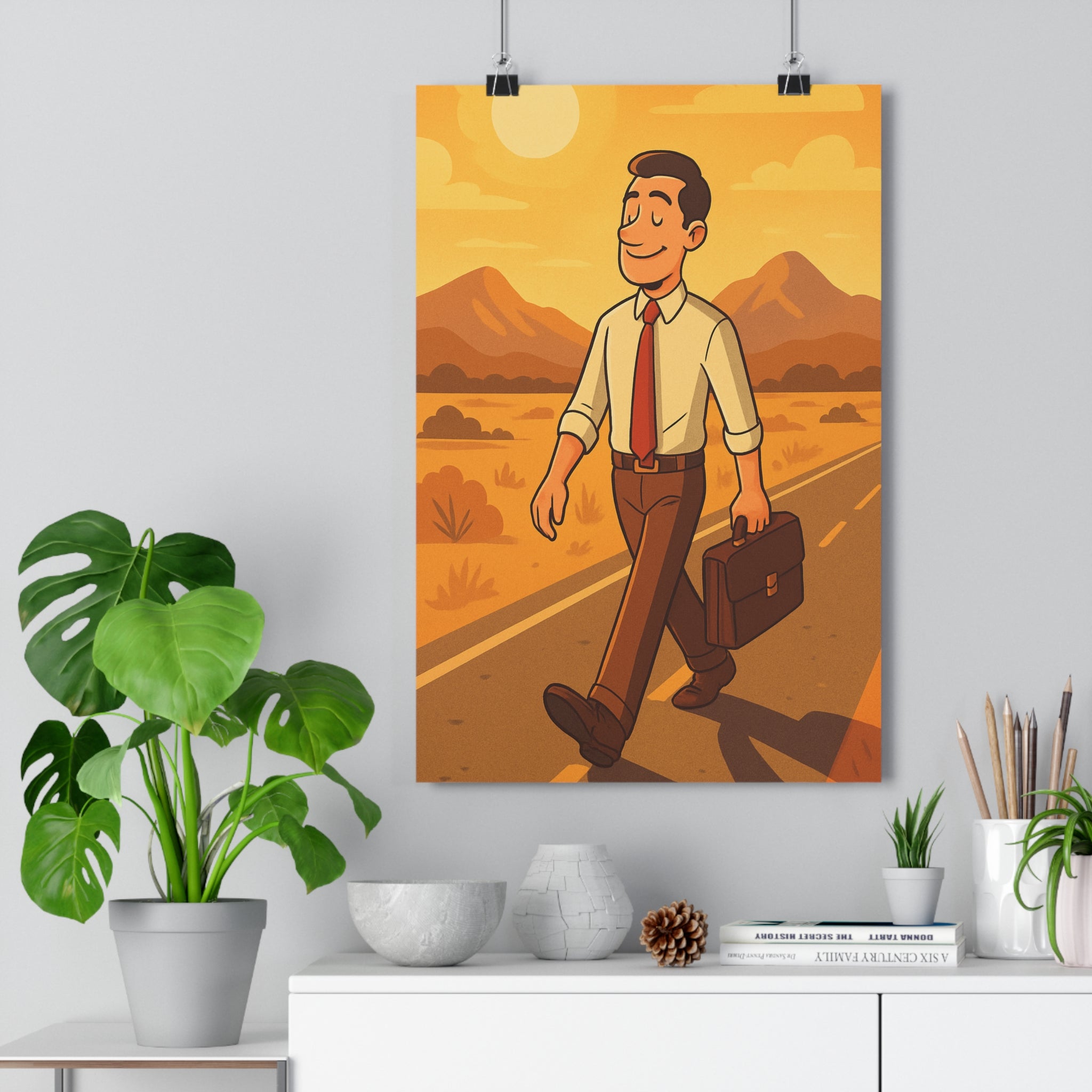 Poster décoratif désert illustration cartoon orange jaune bureau salon aventure chaleur homme élégant qualité
