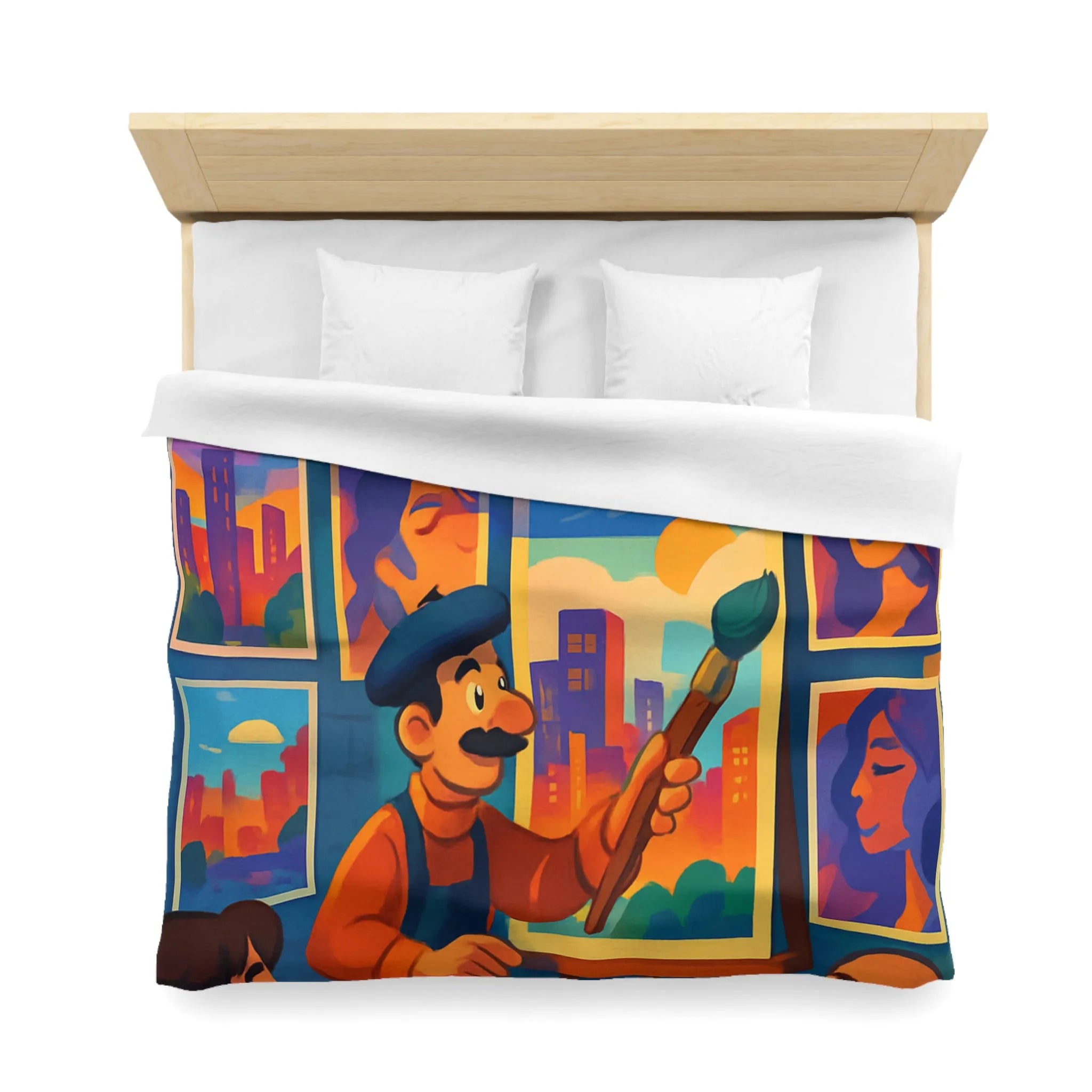 Housse de couette artistique avec scènes de rue vibrantes et peintures colorées