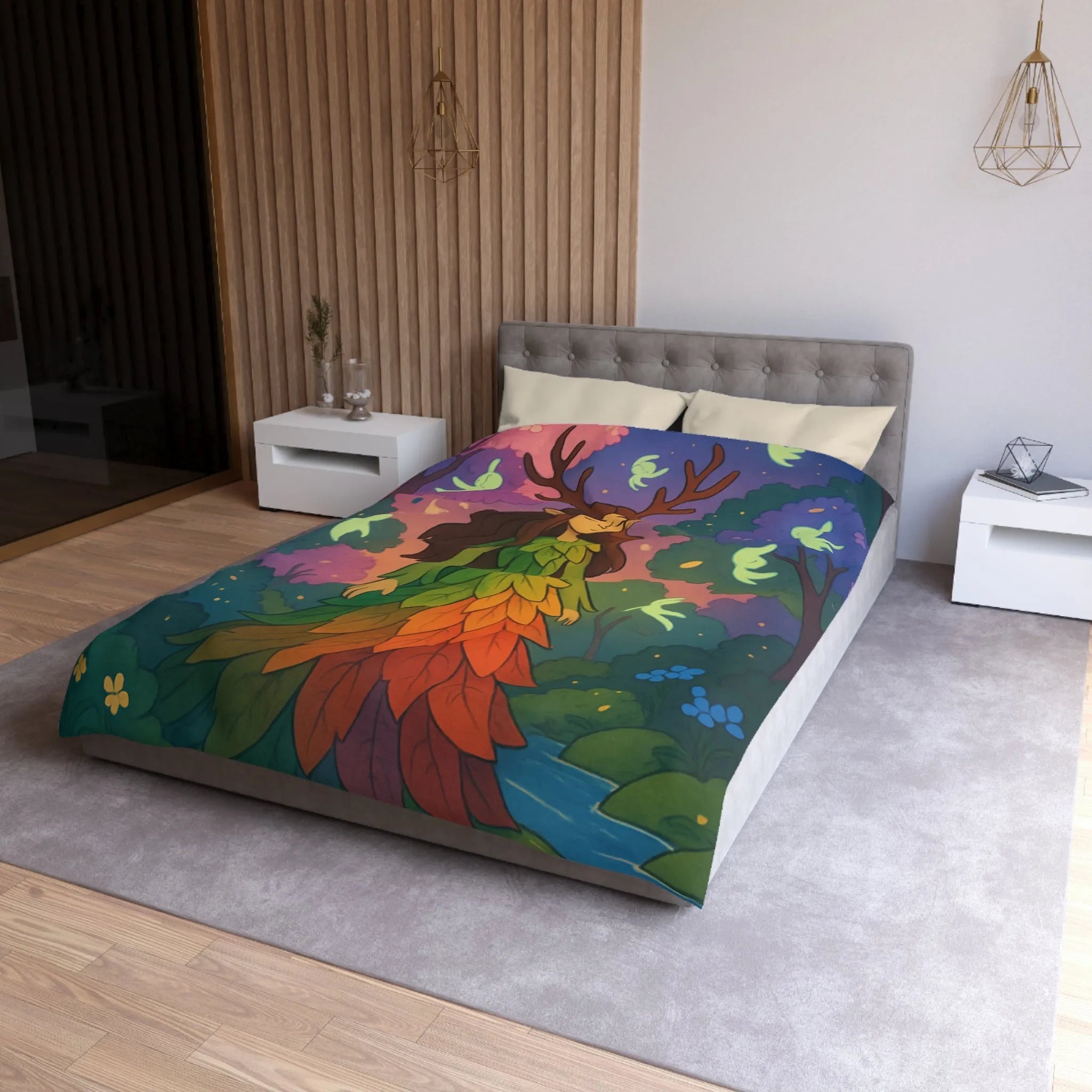 Housse de couette féerique forêt avec créatures lumineuses, design feuilles arc-en-ciel enchanteur