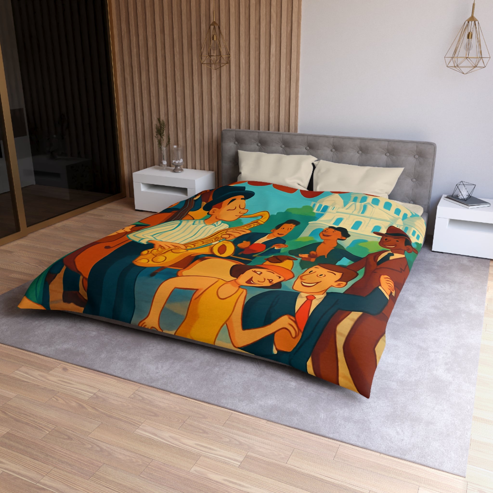 Housse de couette vintage avec scène de musique jazz animée et danse joyeuse