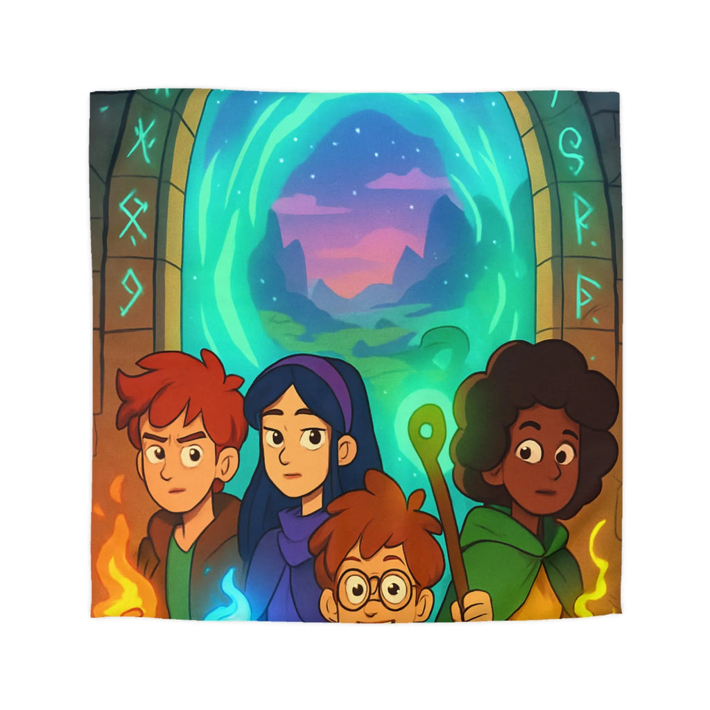 Housse de couette magique avec aventuriers devant portail et runes lumineuses