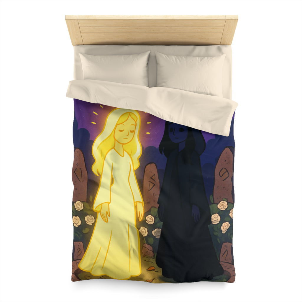 Housse de couette réversible avec deux figures mystérieuses en contraste lumineux, nature étoilée