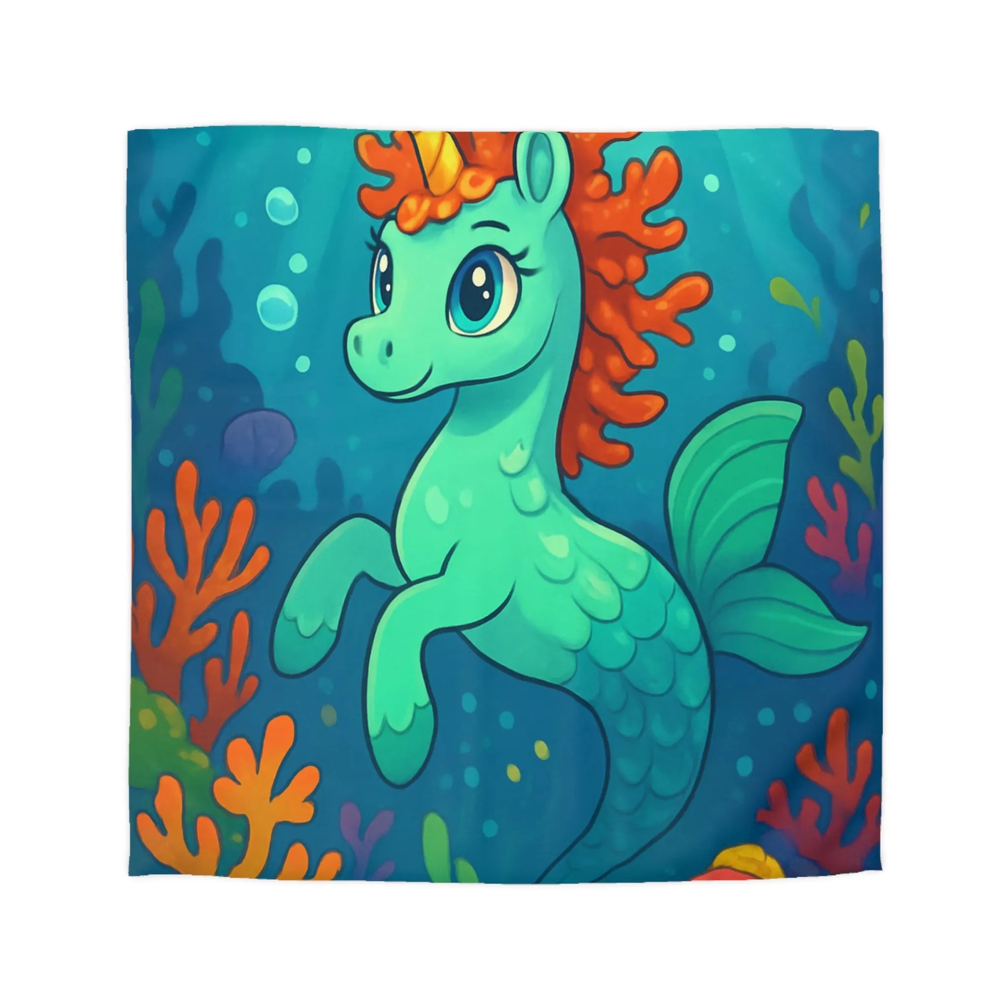 Housse de couette enfant avec licorne aquatique sous-marine, poissons colorés et coraux vifs