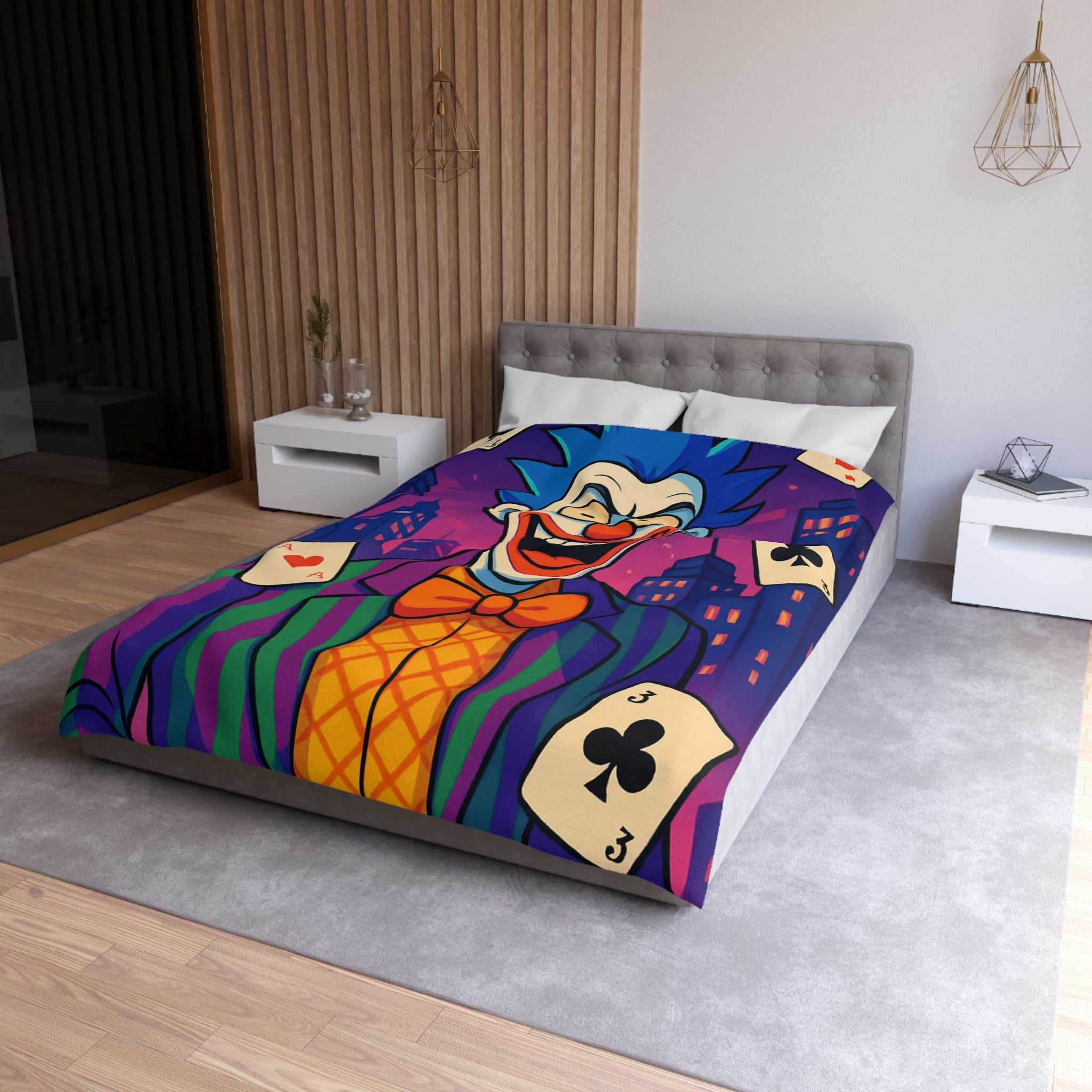 Housse de couette vibrante avec clown effrayant et cartes à jouer en arrière-plan urbain