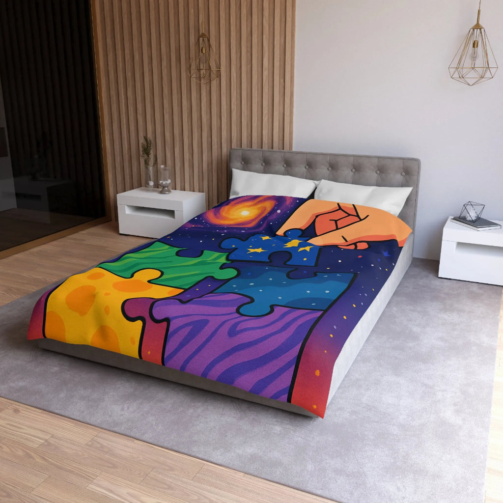 Housse de couette colorée avec motifs puzzle vibrants et design cosmique étoilé