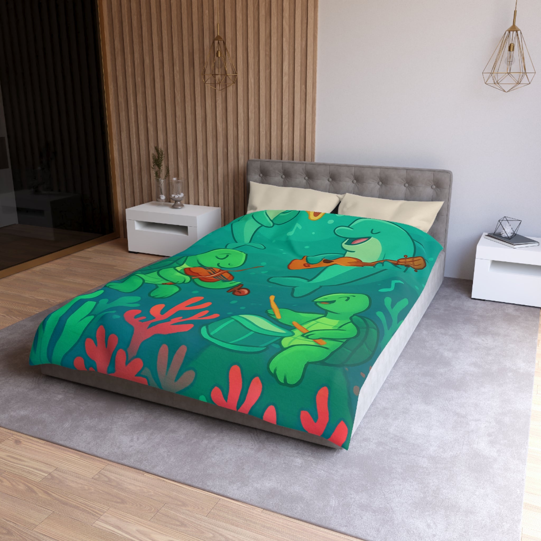 Housse de couette sous-marine avec dauphins et tortues jouant de la musique joyeuse