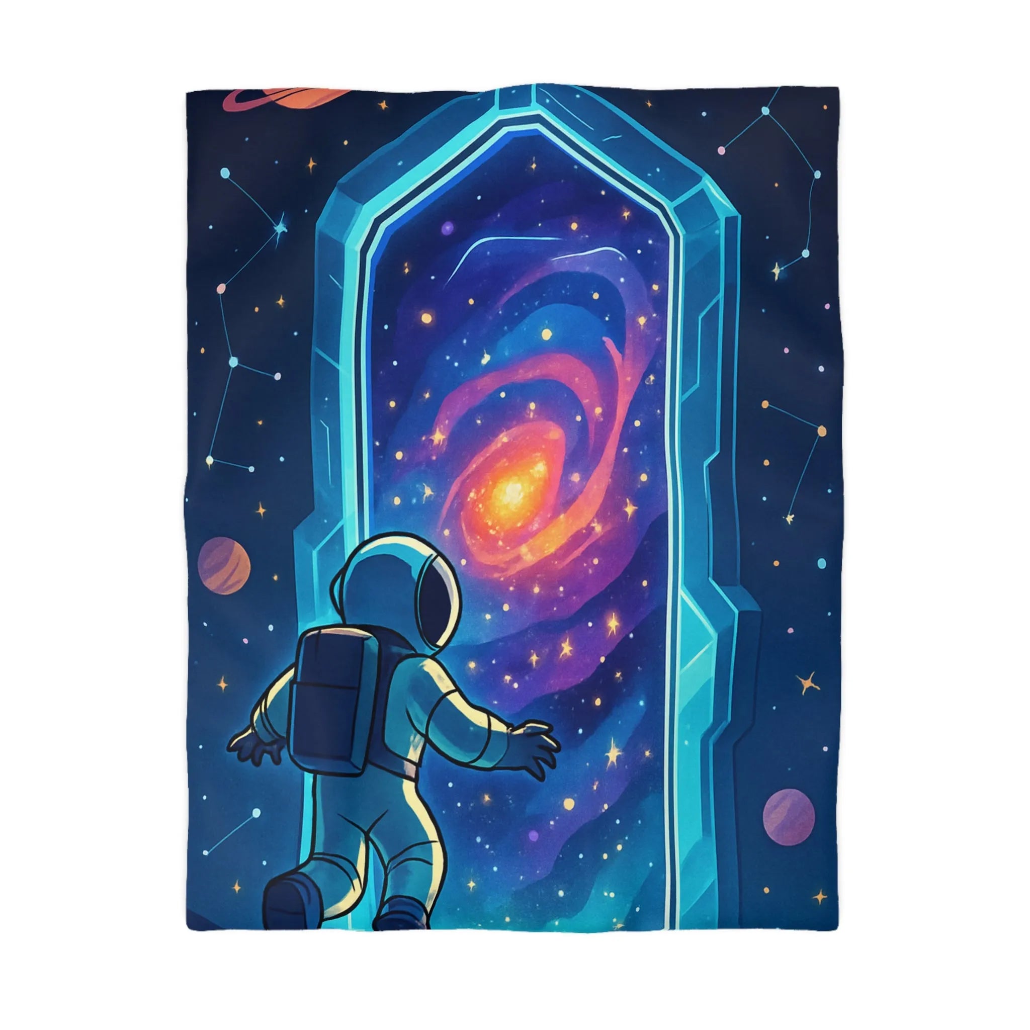 Housse de couette astronaute explorant portail galactique vibrant dans l'espace étoilé