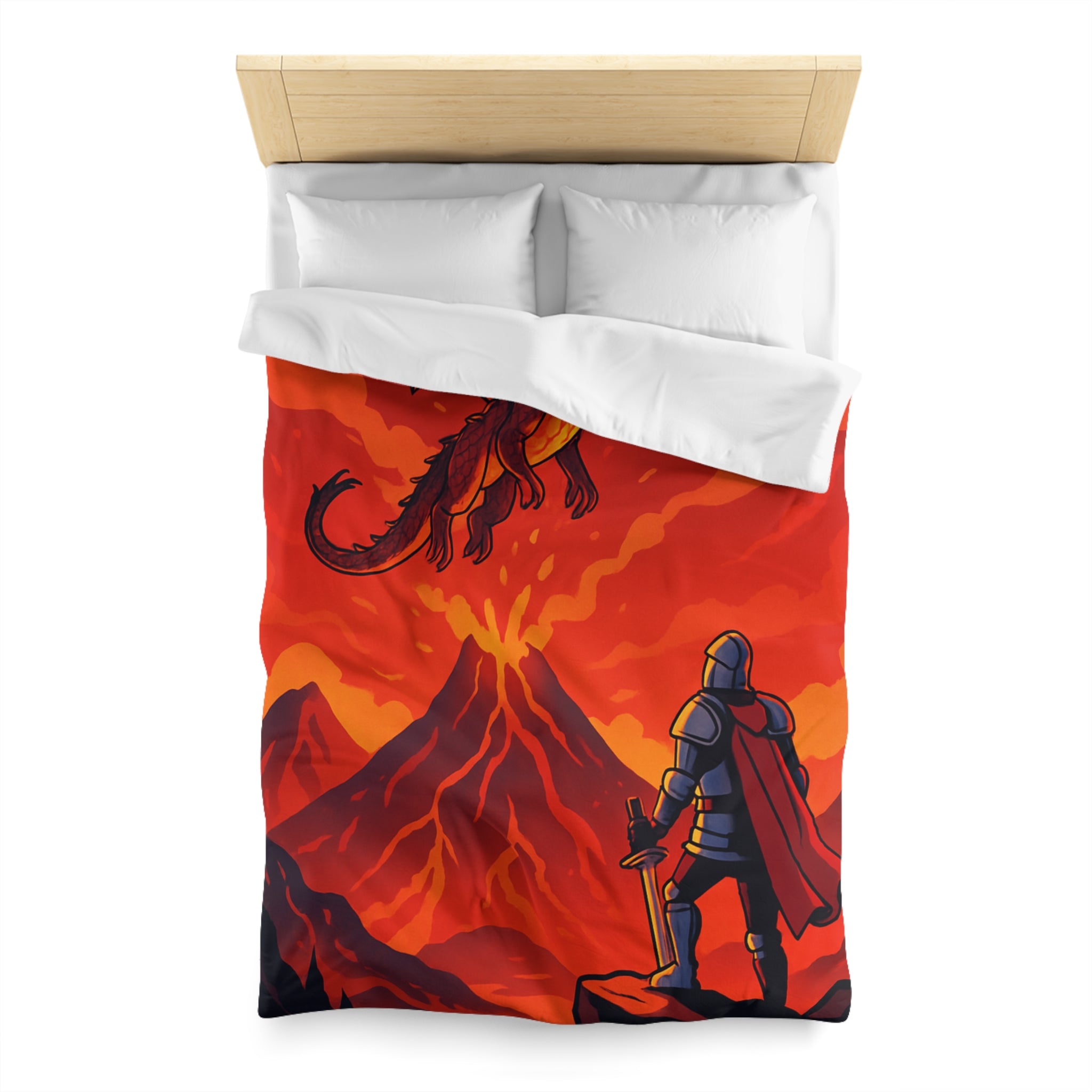 Imposant dragon rouge volant sur volcan en fusion, chevalier en armure contemplatif