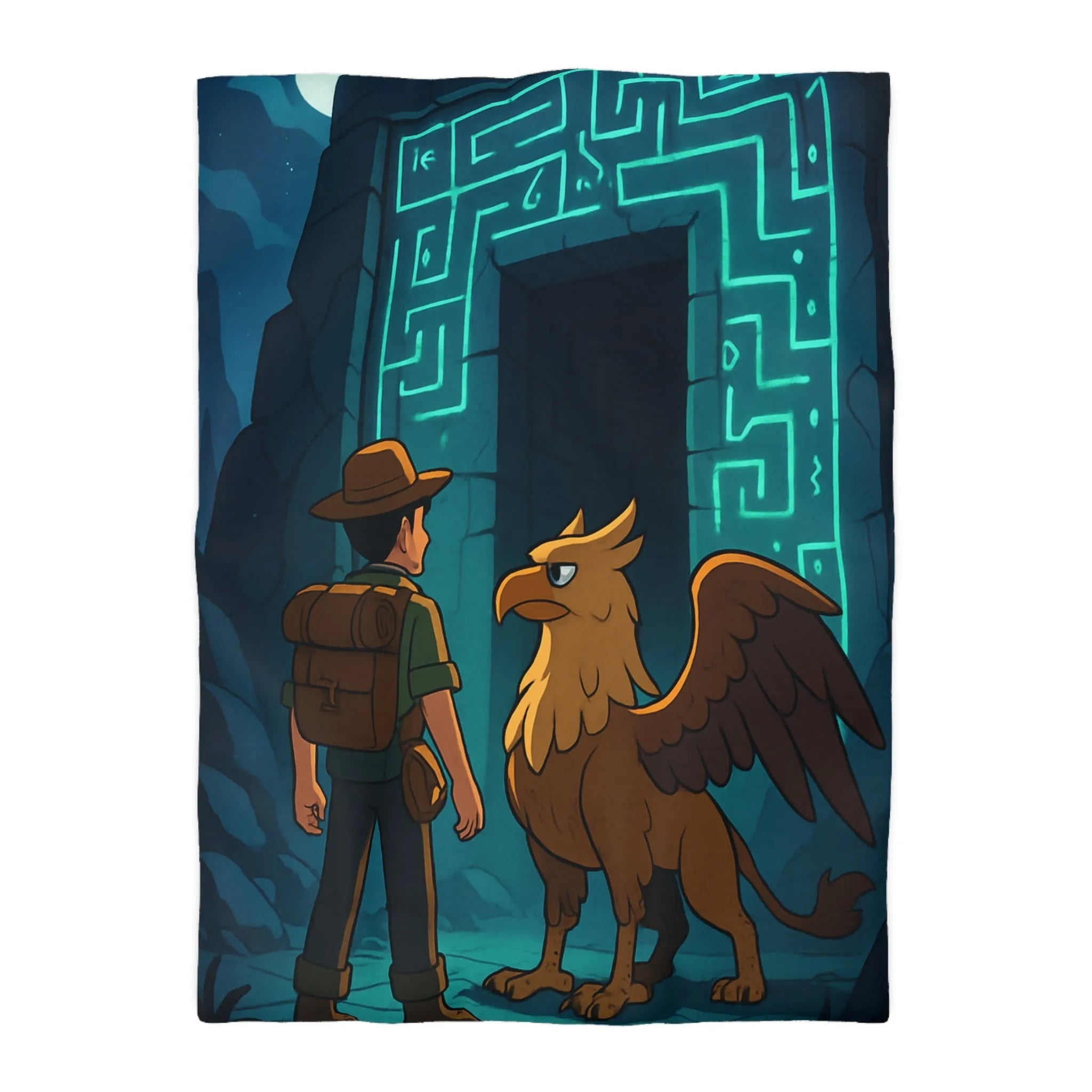 Housse de couette aventurier et griffon, rencontre mystique sous la lumière lunaire