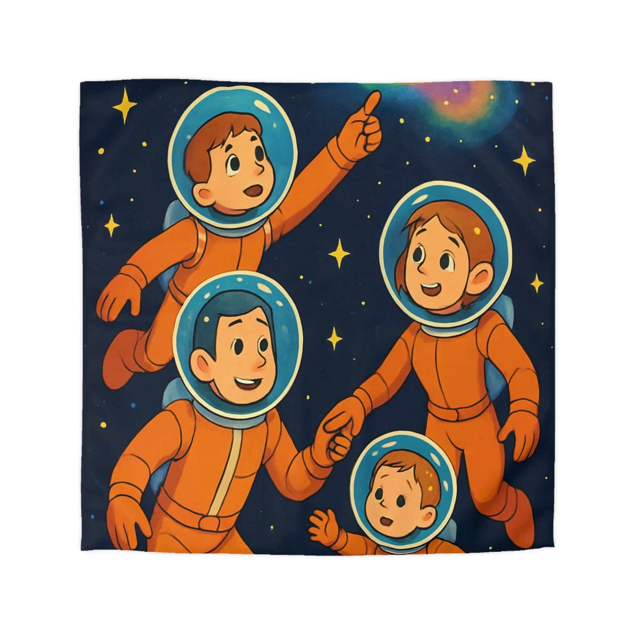 Explorez l'univers avec une adorable famille d'astronautes sous un ciel étoilé coloré