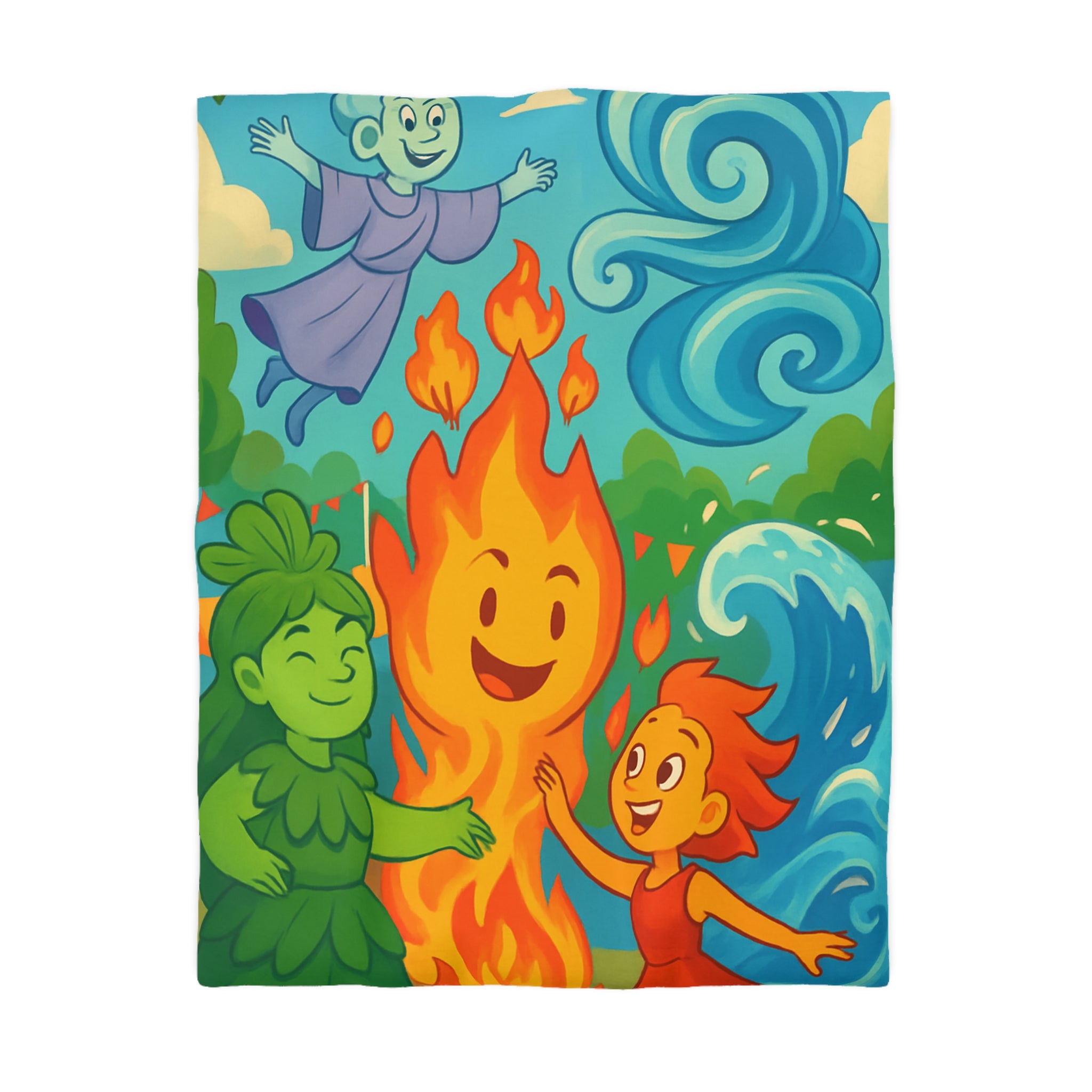 Housse de couette vibrante célébrant les quatre éléments dans un style ludique coloré