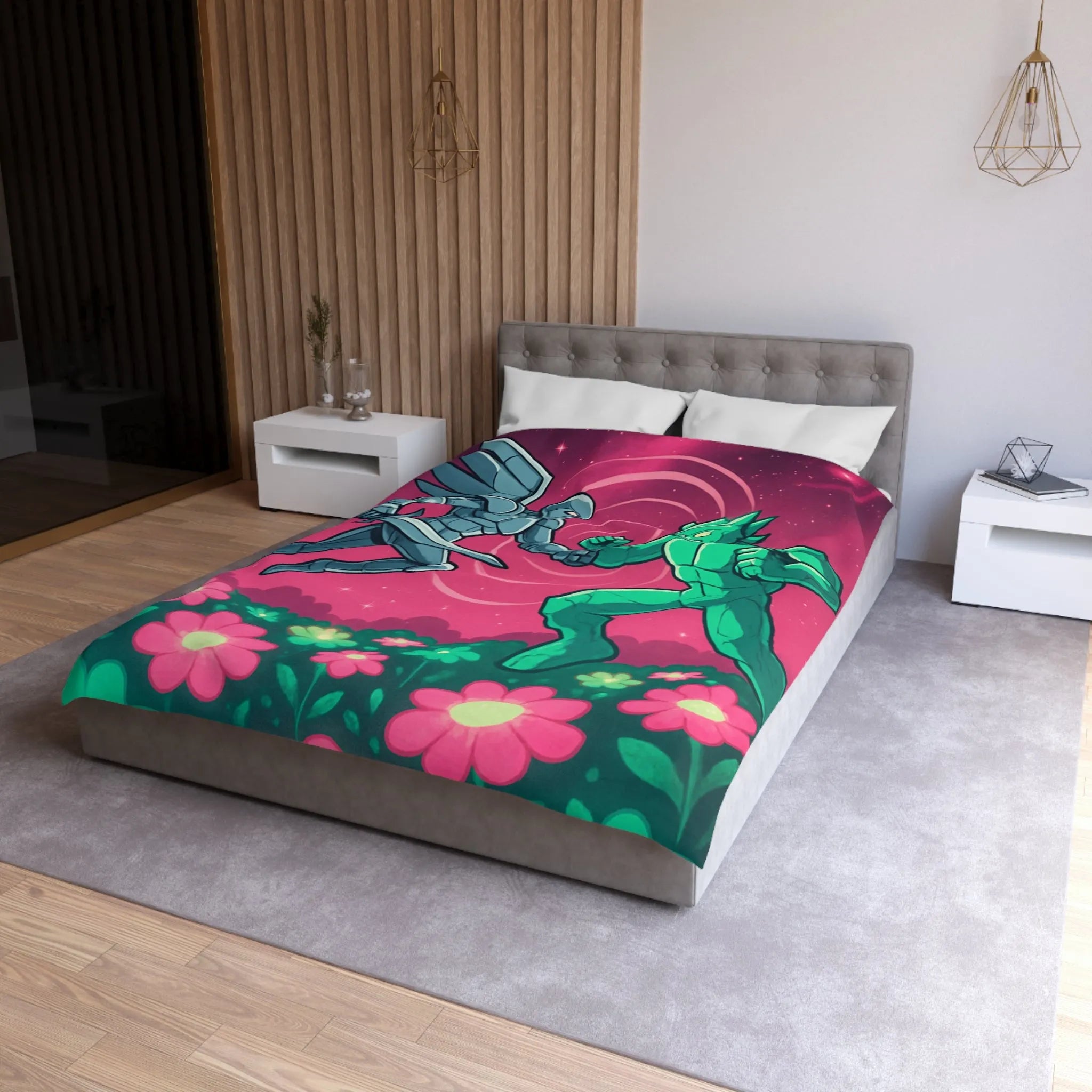 Housse de couette illustrée super-héros ailé avec scène de combat cosmique floral coloré