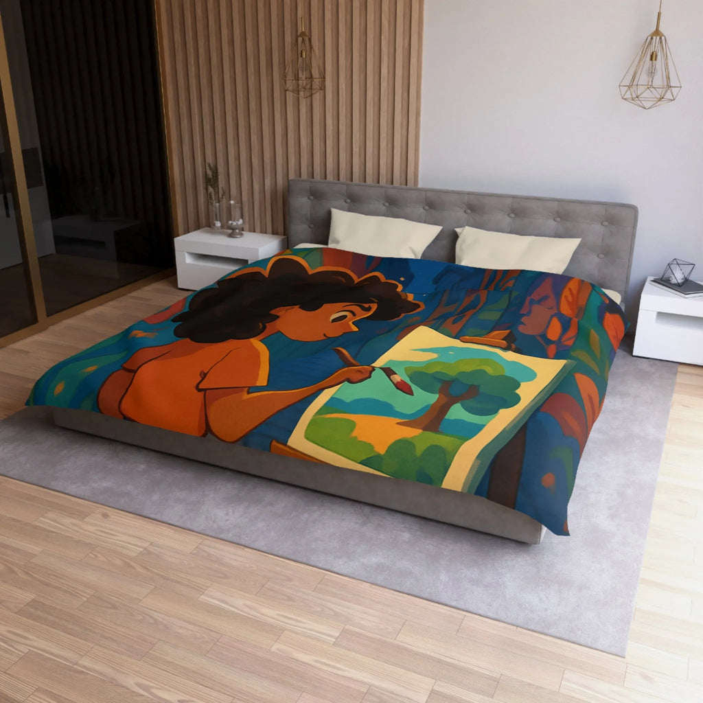 Housse de couette colorée illustrant une ruelle artistique avec peinture et lanterne