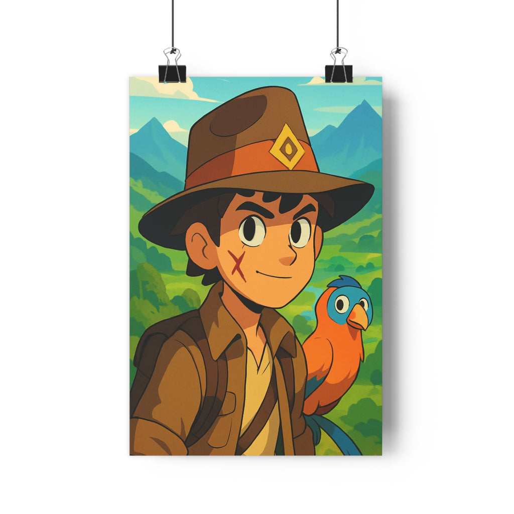 Poster décoratif aventurier perroquet bleu orange cartoon aventure chambre enfant vibrant montagne ciel qualité