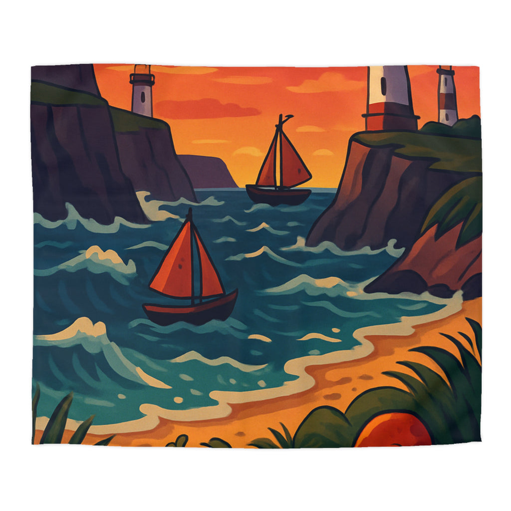 Housse de couette océanique avec phare, créatures marines et voiliers colorés, coucher de soleil vibrant
