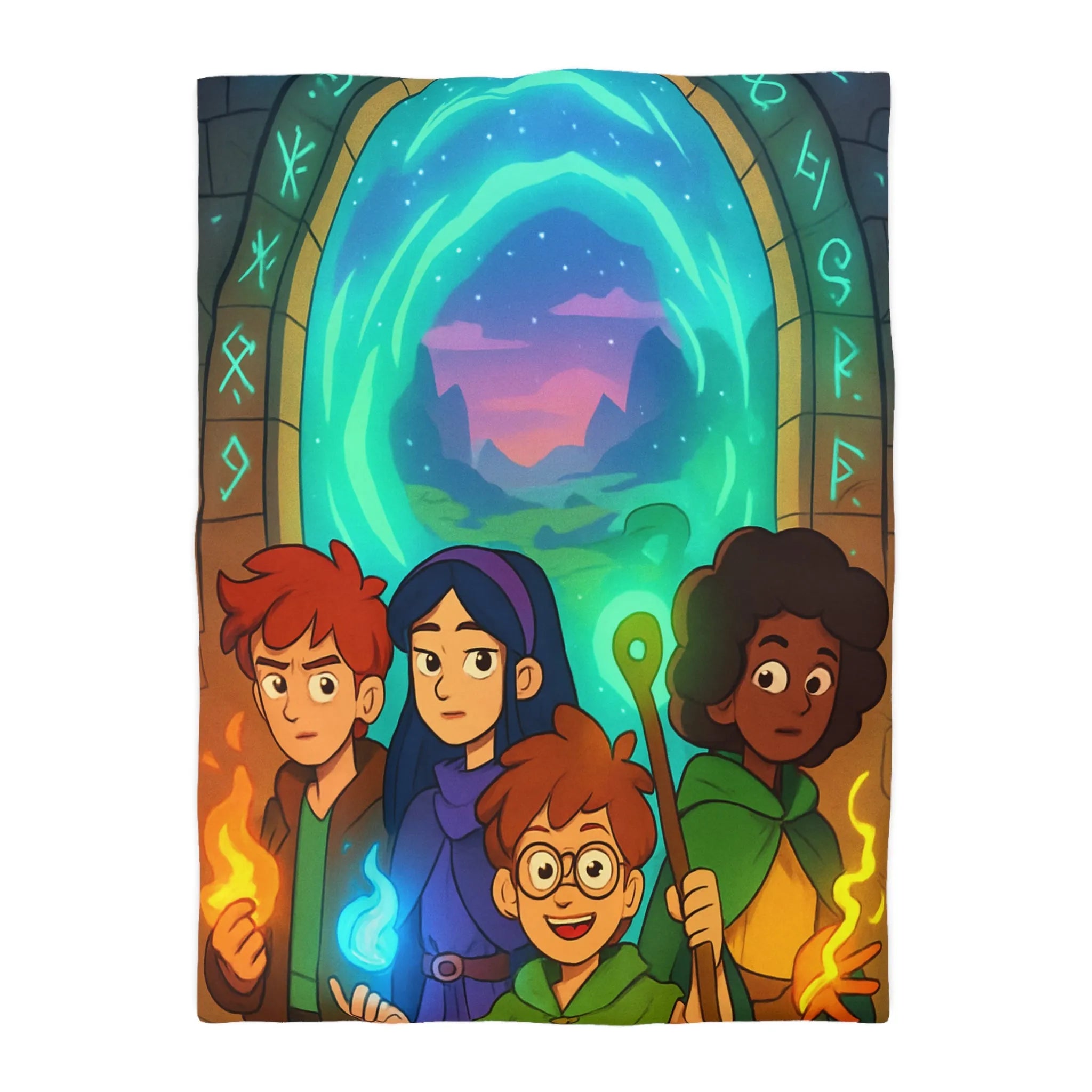 Housse de couette magique avec aventuriers devant portail et runes lumineuses