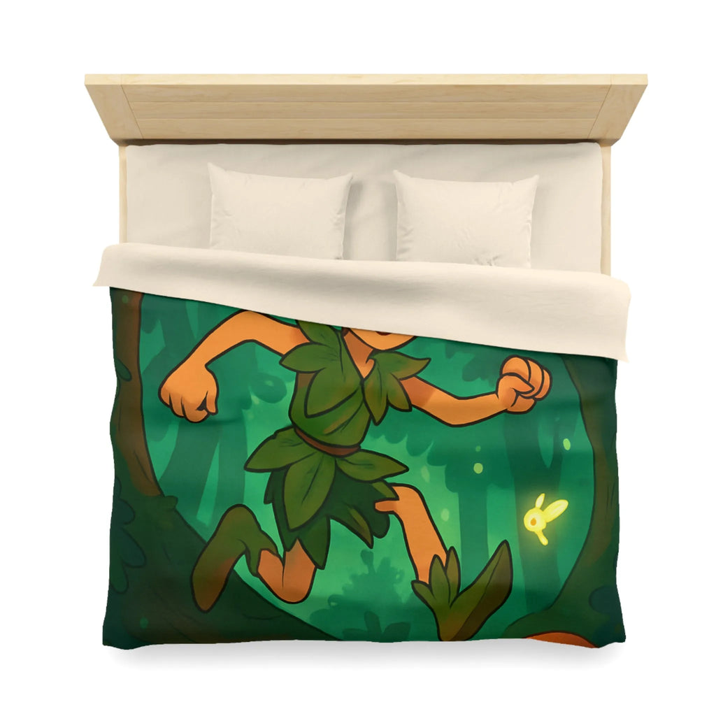 Housse de couette féérique avec elfes sautant parmi champignons lumineux en forêt