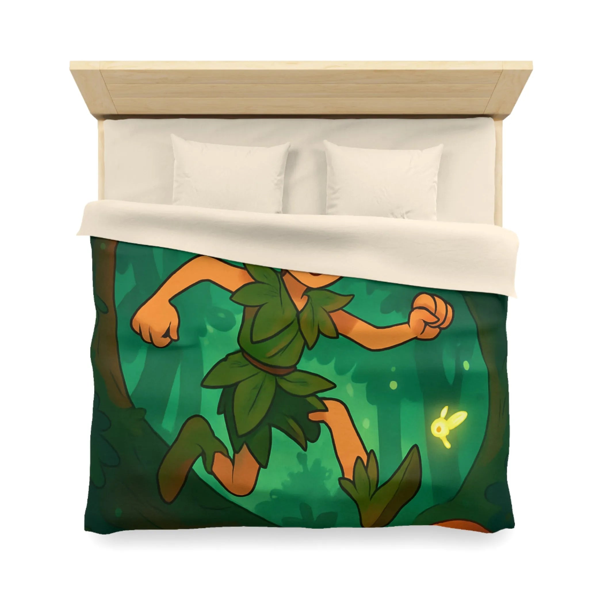 Housse de couette féérique avec elfes sautant parmi champignons lumineux en forêt