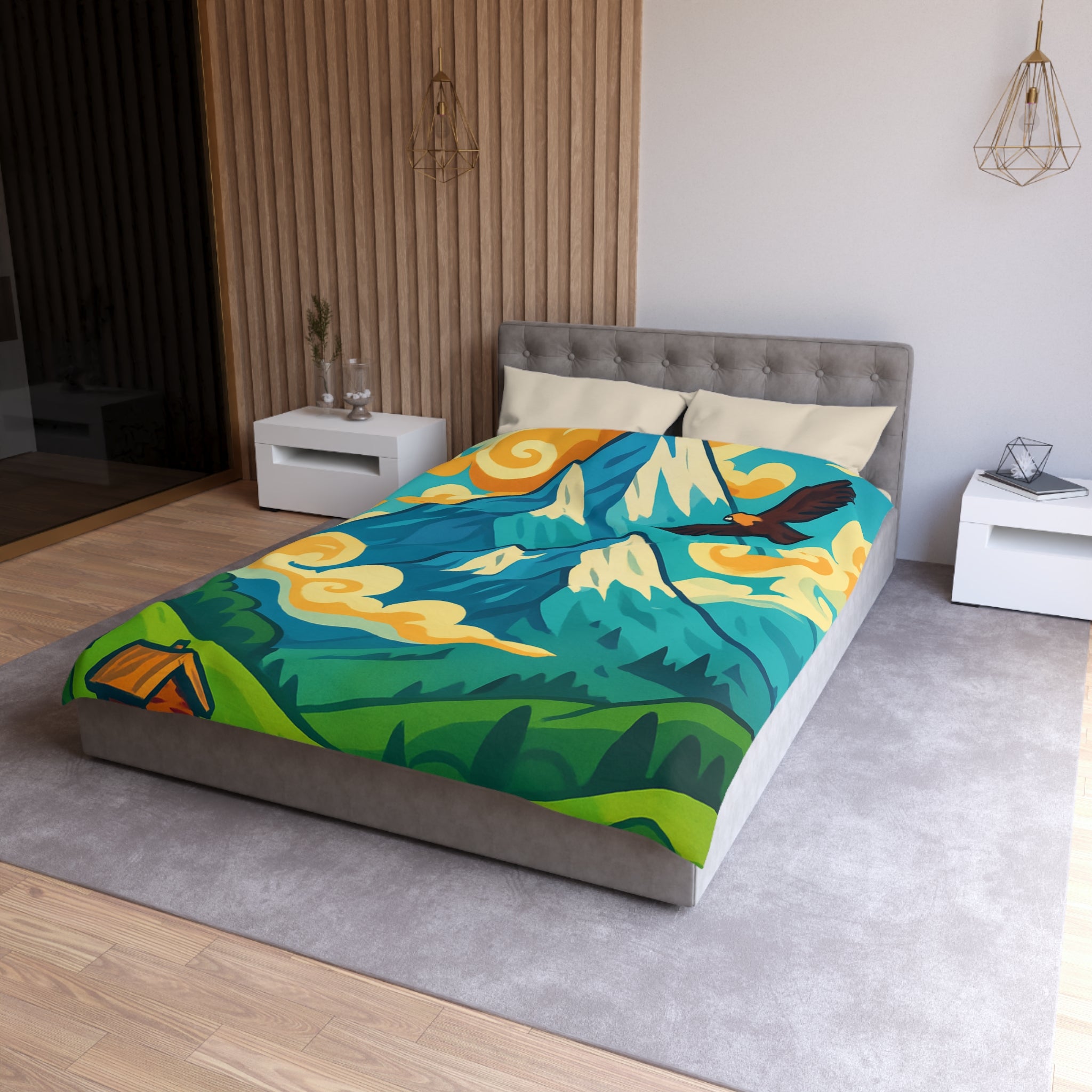 Housse de couette montagne colorée avec aigle et chalets pour chambre moderne