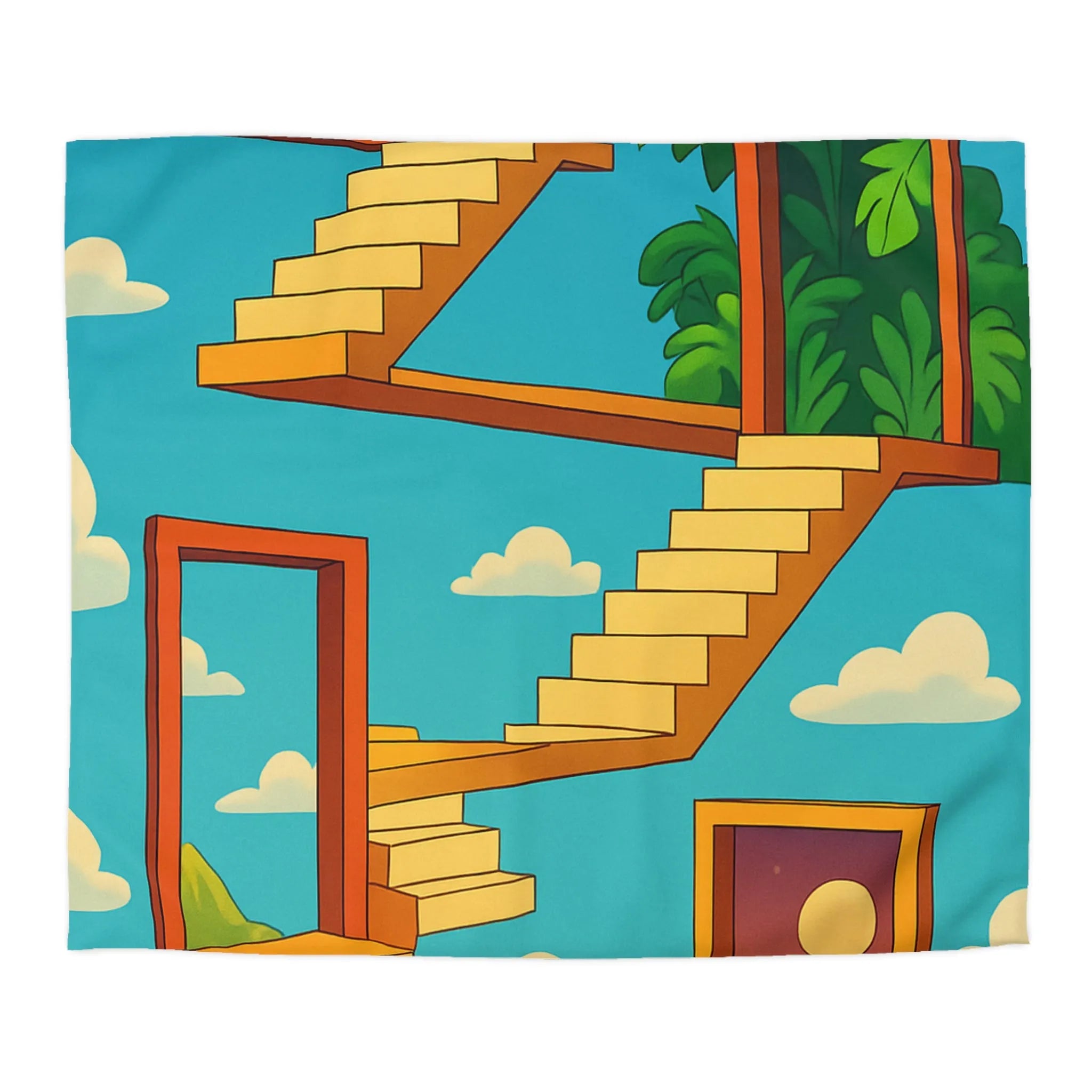 Housse de couette avec escaliers infinis et paysage surréaliste, ciel étoilé