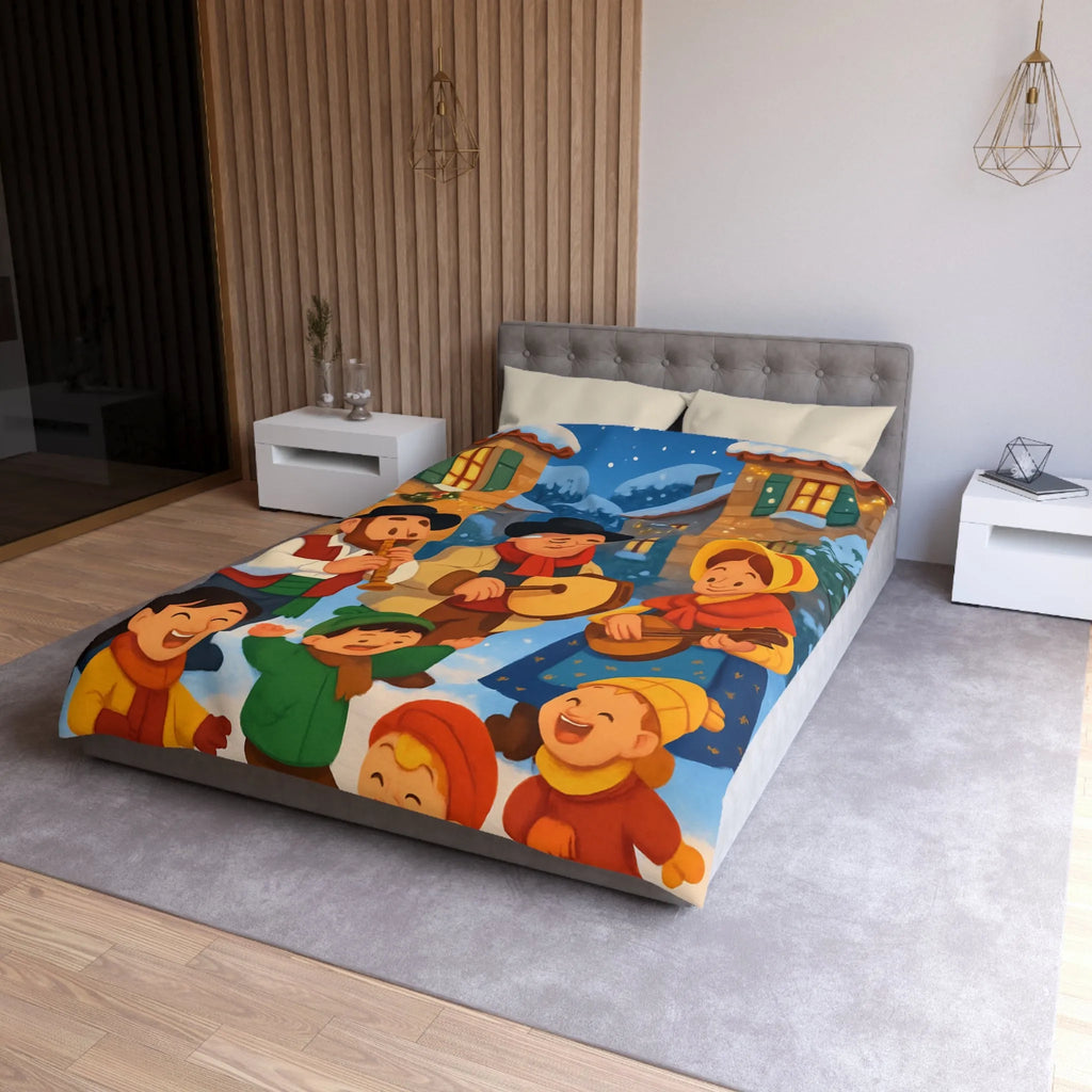 Housse de couette festive avec village enneigé et musiciens pendant l’hiver joyeux