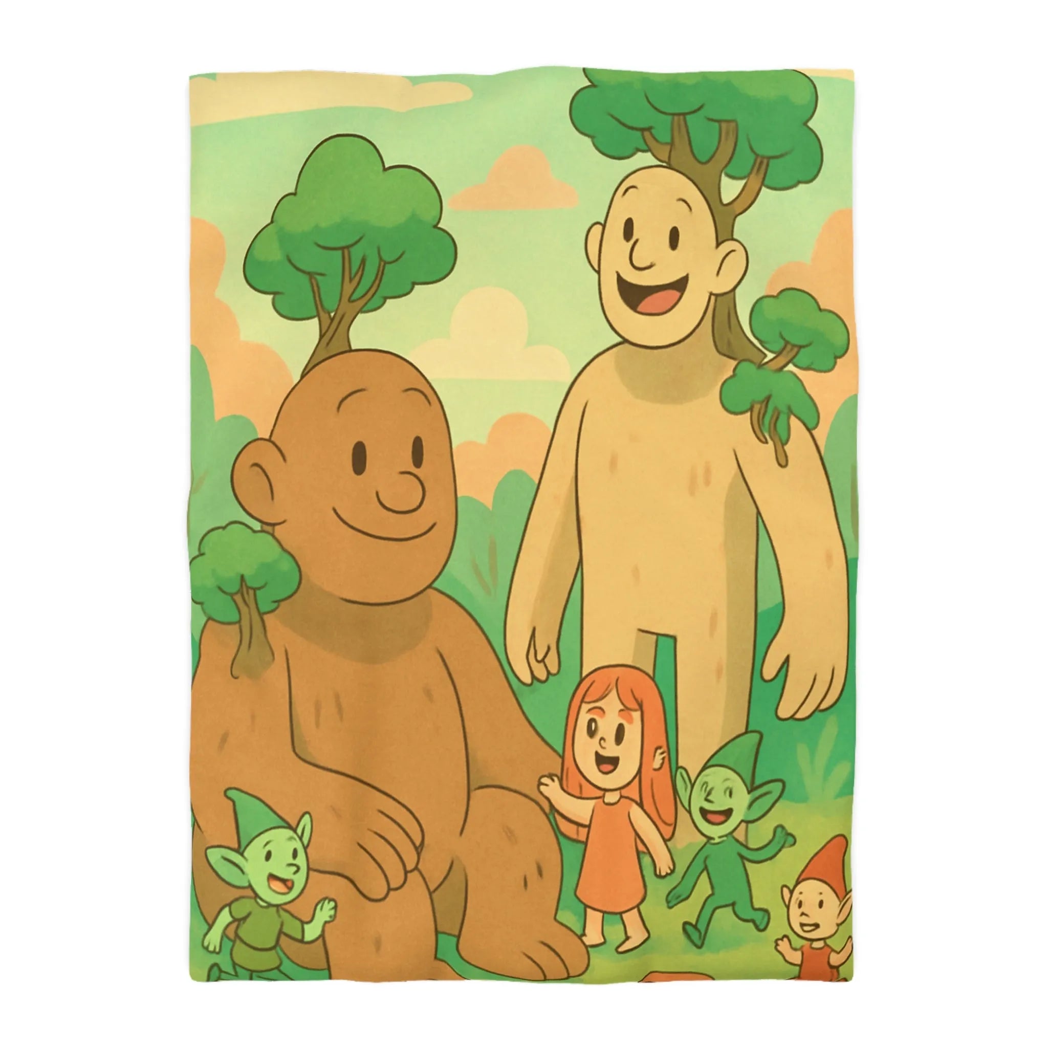 Housse de couette fantastique avec géants arborés et lutins dans une forêt enchantée