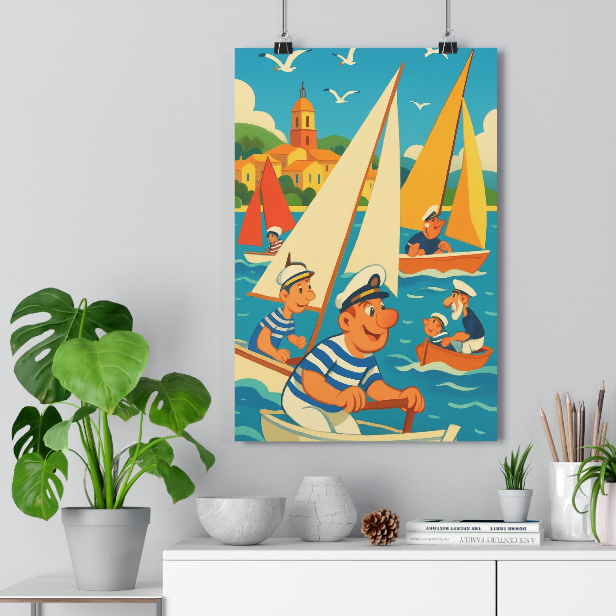 Poster décoratif maritime voilier coloré bleu jaune salon chambre joyeux vibrant art mural paysage