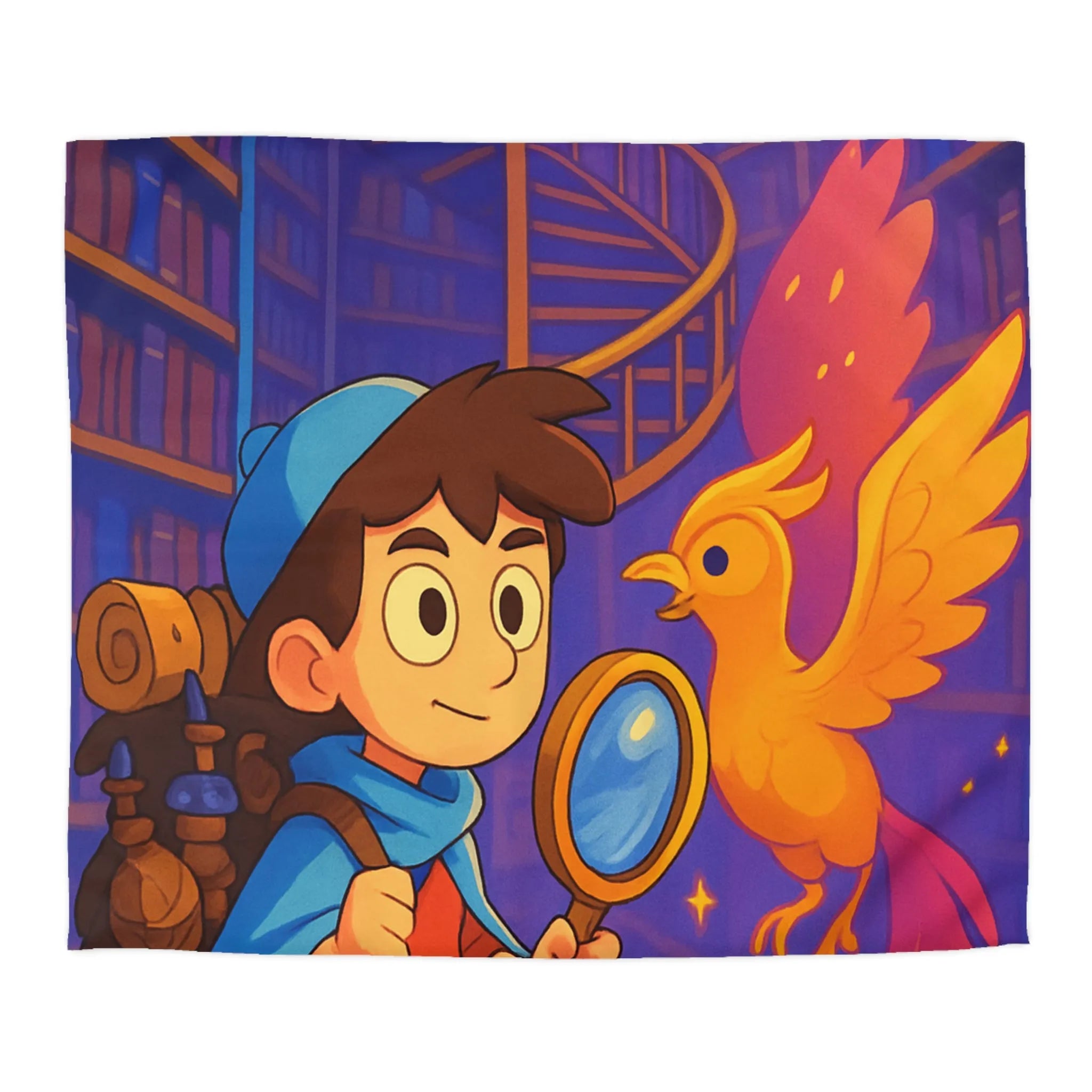 Housse de couette magique avec détective et phénix dans une bibliothèque enchanteresse