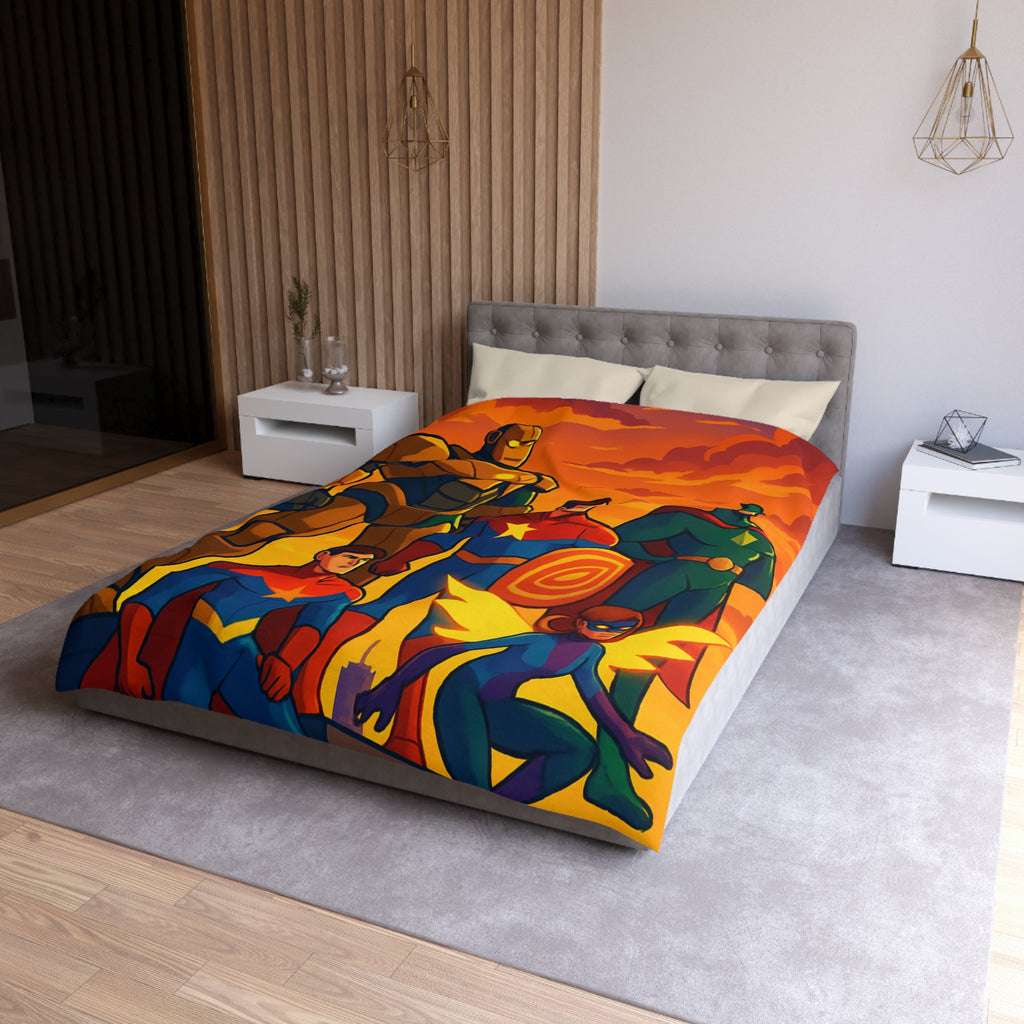Housse de couette super-héros en costumes colorés avec coucher de soleil épique en arrière-plan
