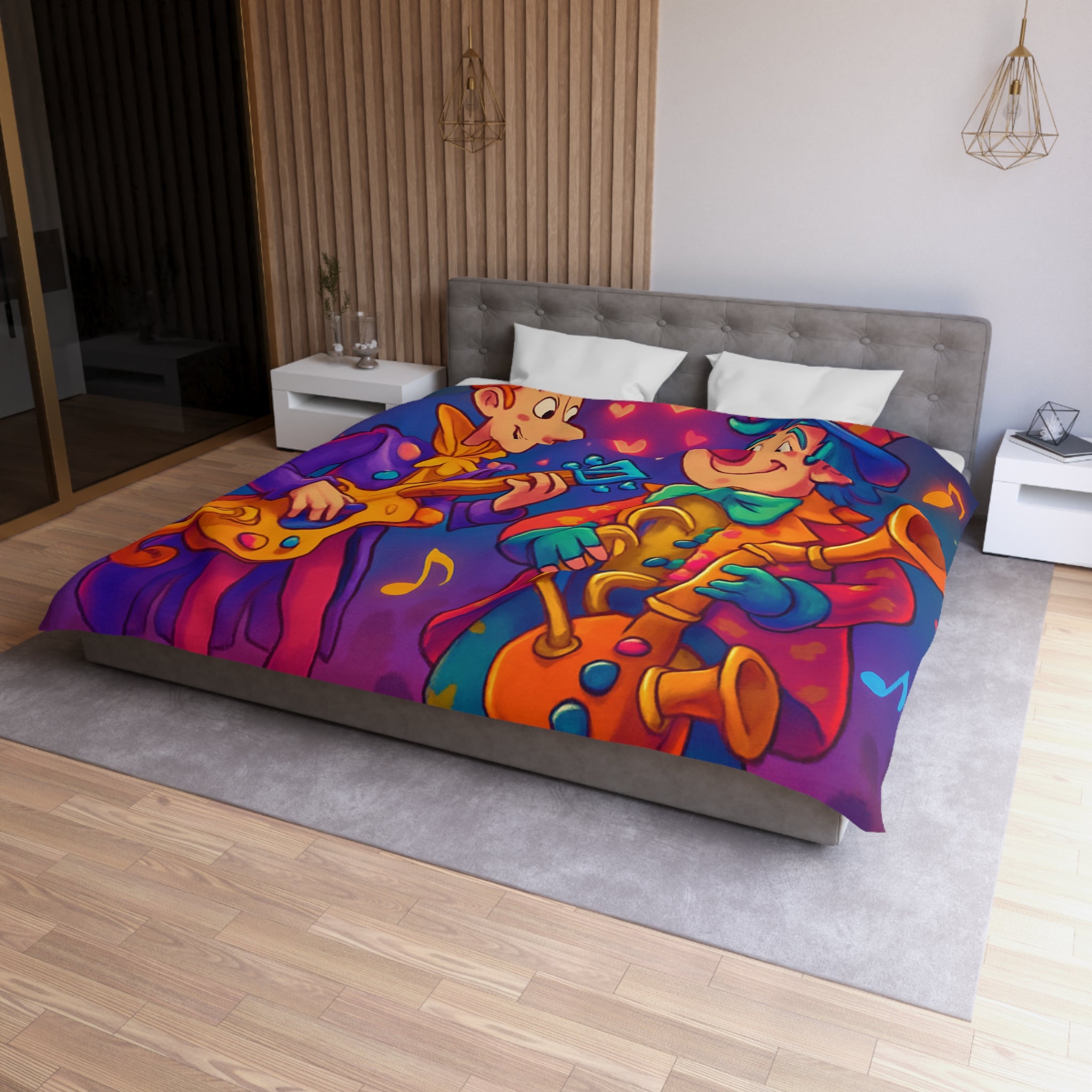 Housse de couette colorée avec musiciens joyeux jouant guitare et saxophone sous projecteurs