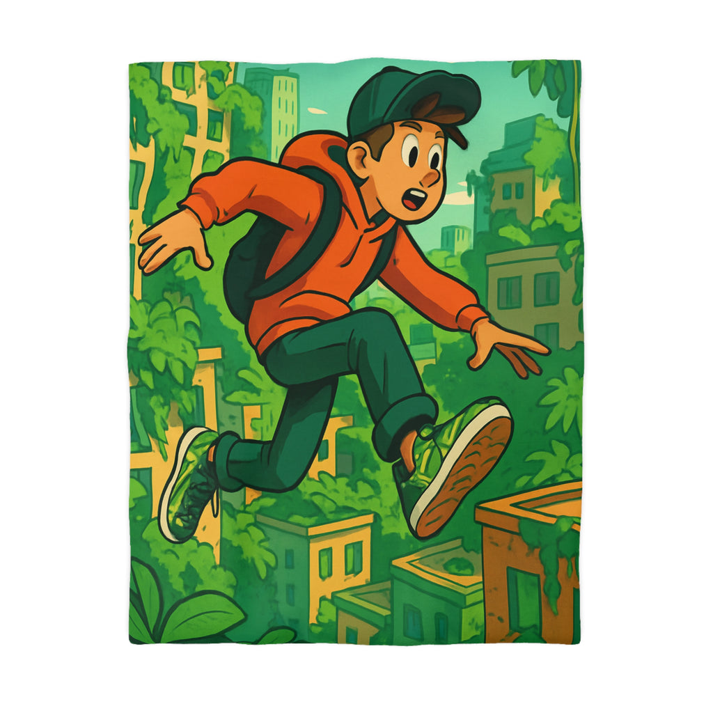 Housse de Couette Motif Urbain Vert avec Garçon Aventurier en Tenue Décontractée