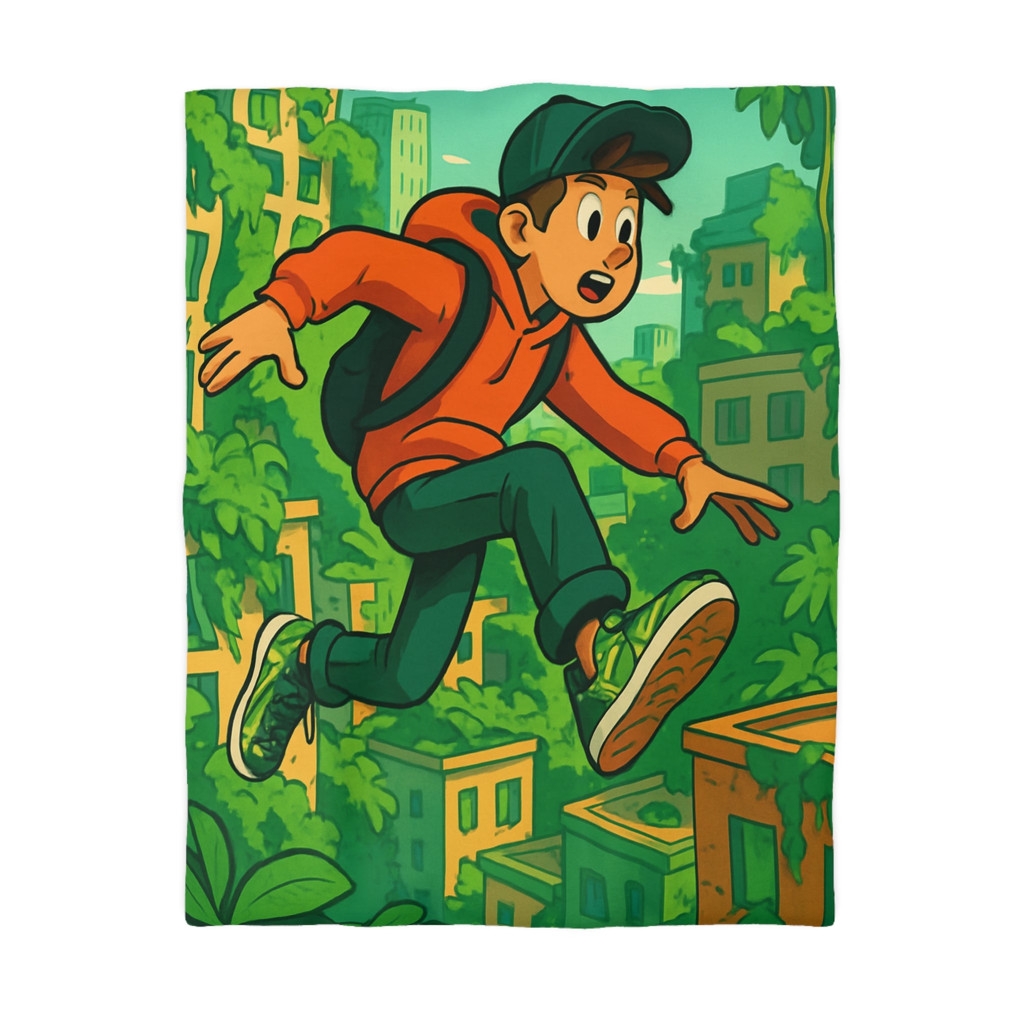 Housse de Couette Motif Urbain Vert avec Garçon Aventurier en Tenue Décontractée