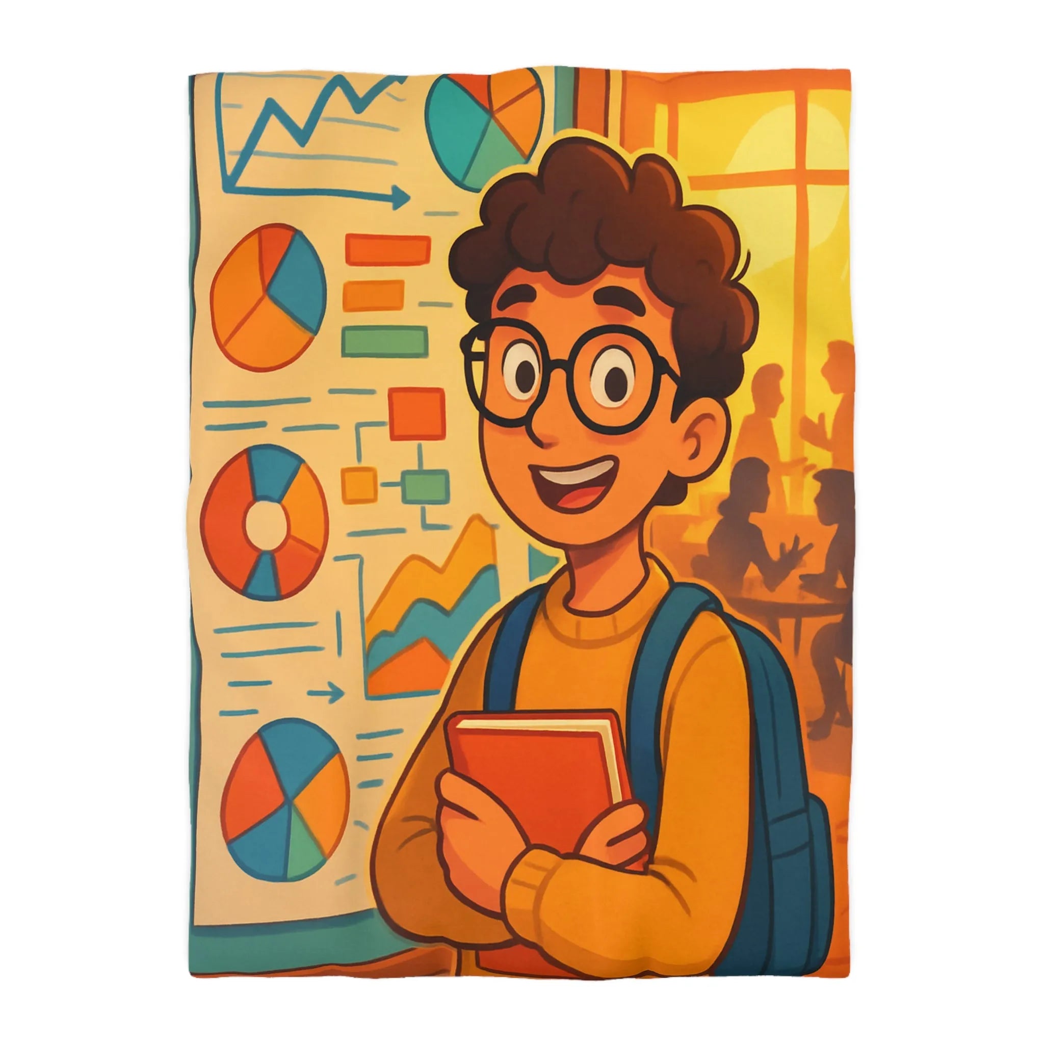 Housse de couette avec motif graphique coloré et personnage étudiant portant lunettes