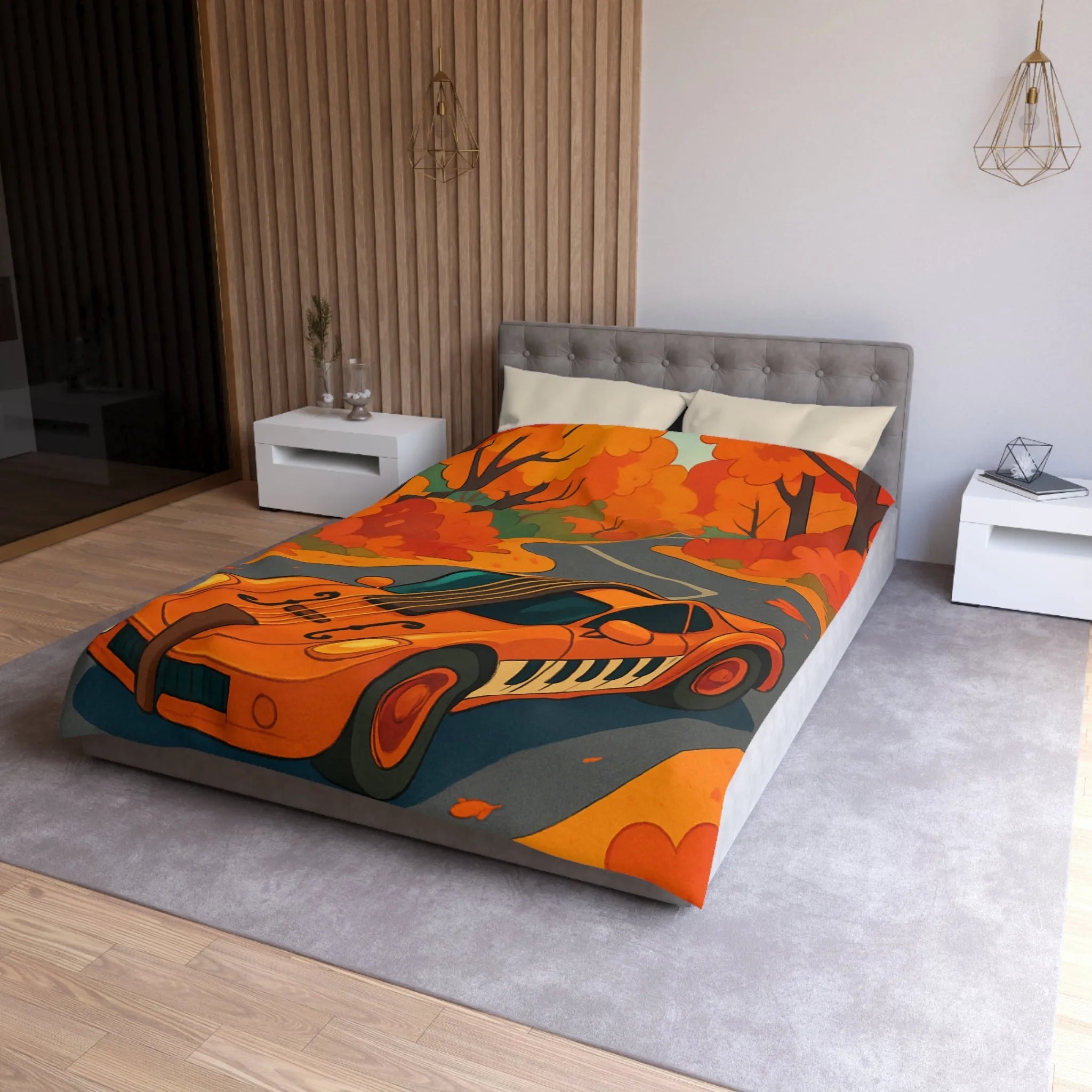 Housse de Couette Automne avec Voiture et Forêt aux Couleurs Vibrantes pour Chambre Chic