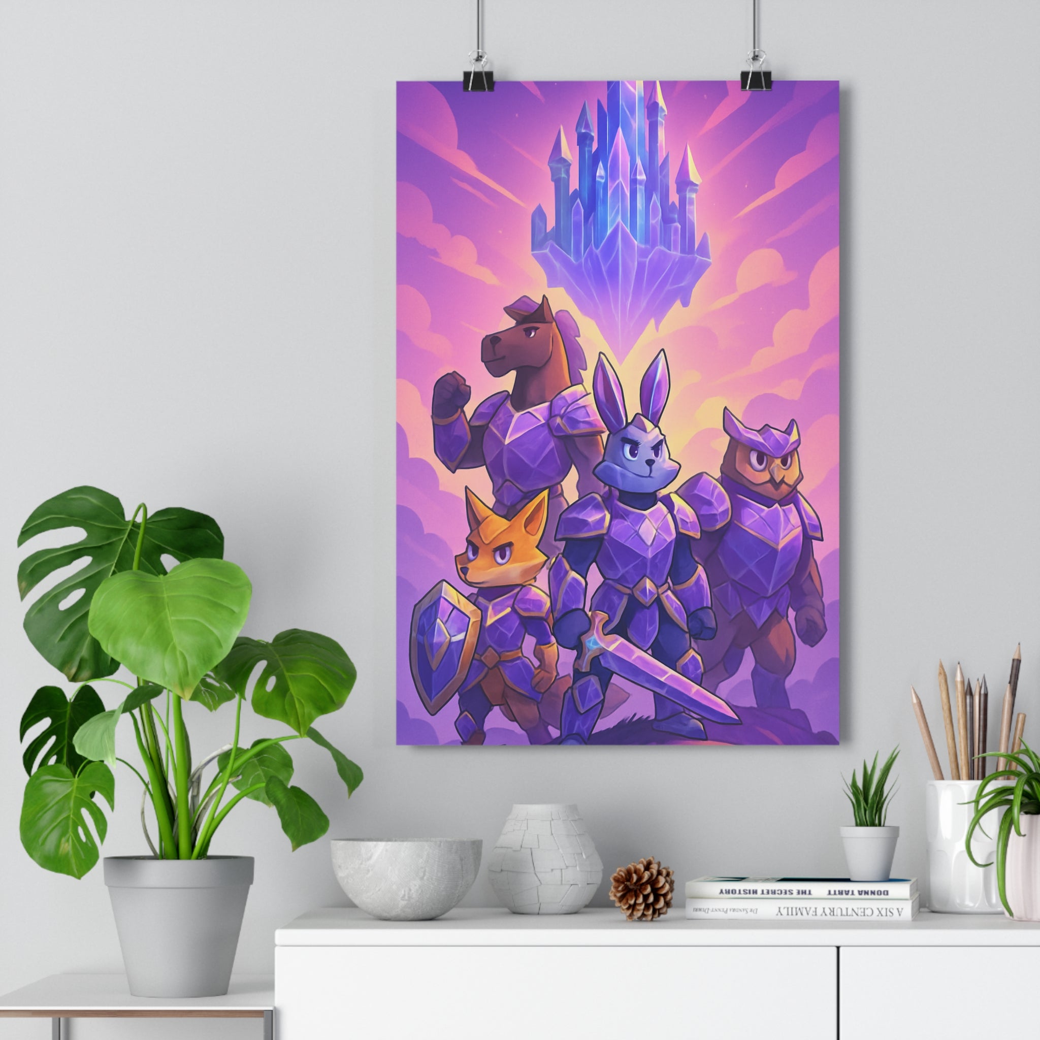 Poster décoratif chevaliers animaux violet rose cartoon fantasy magique enfant chambre aventure unique captivant