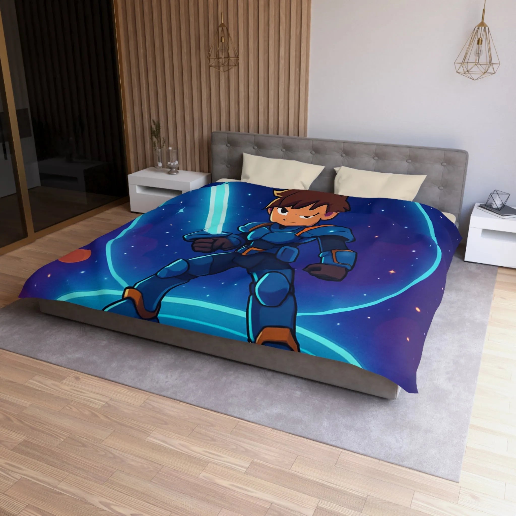 Ensemble galactique animé avec jeune héros et épée lumineuse sur fond cosmique vibrant