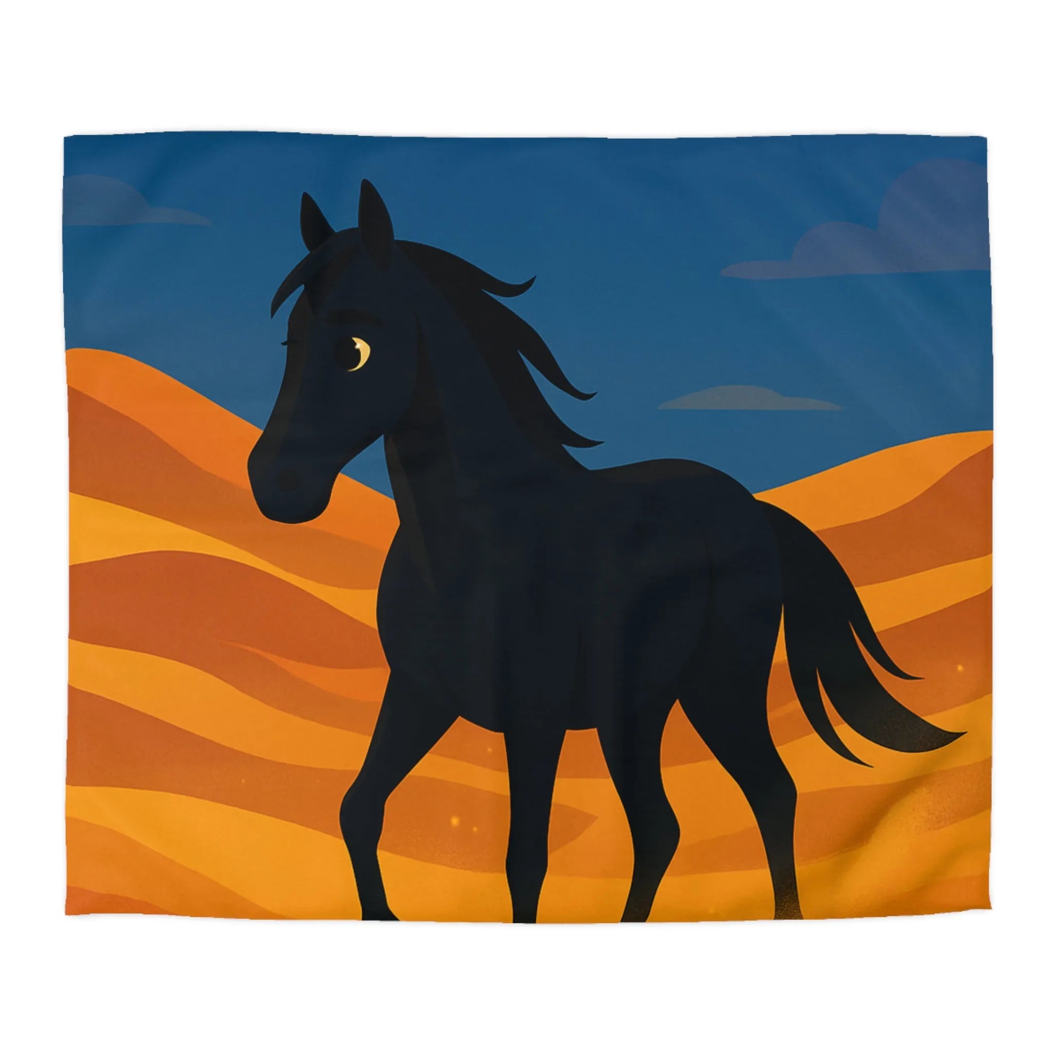 Housse de couette cheval noir galopant sur dunes dorées au crépuscule paisible