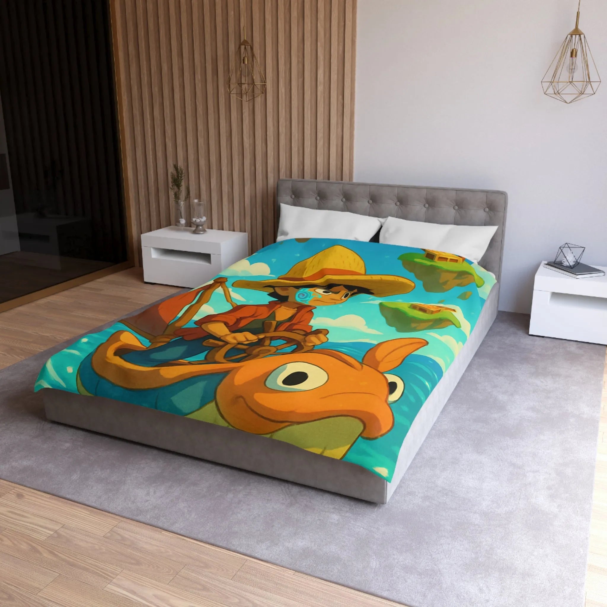 Housse de couette embarcation colorée sur océan turquoise avec îles flottantes et trésors