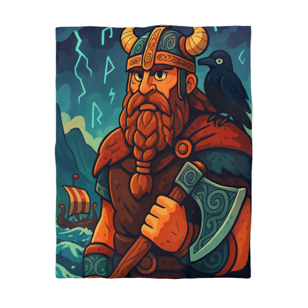 Housse de Couette Viking Épique avec Corbeau Mystique et Mer Orageuse Nordique