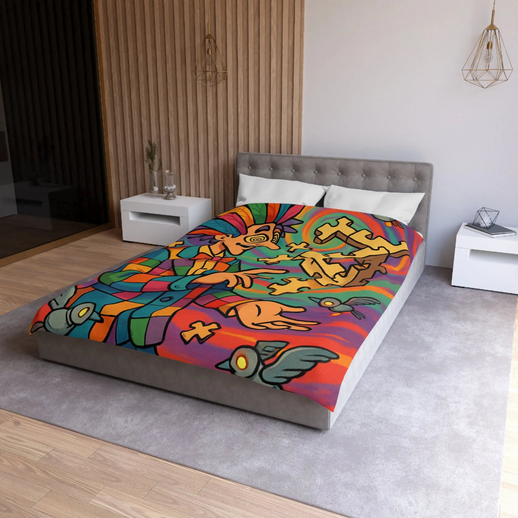 Housse de couette colorée avec illusion d'optique géométrique et motif de clown vibrant